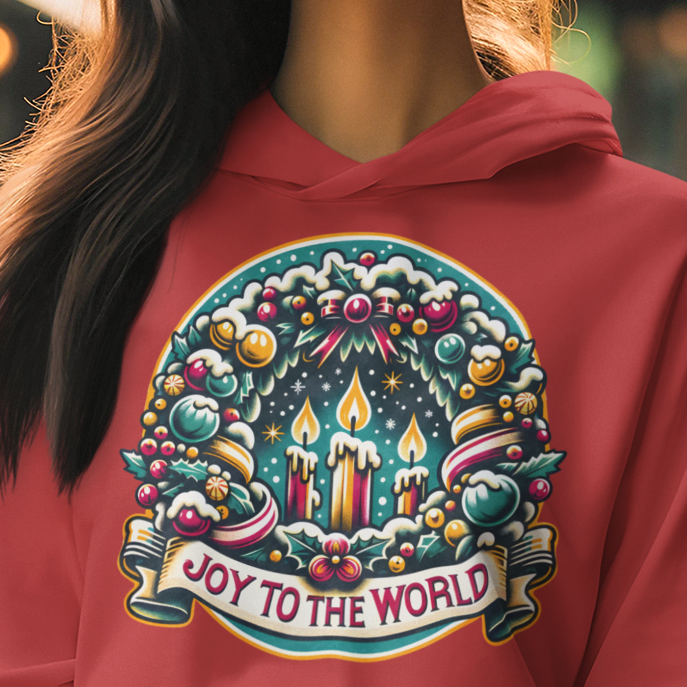 Joy to the World - Festive Christmas Wreath and Candle | Unisex Hoodie