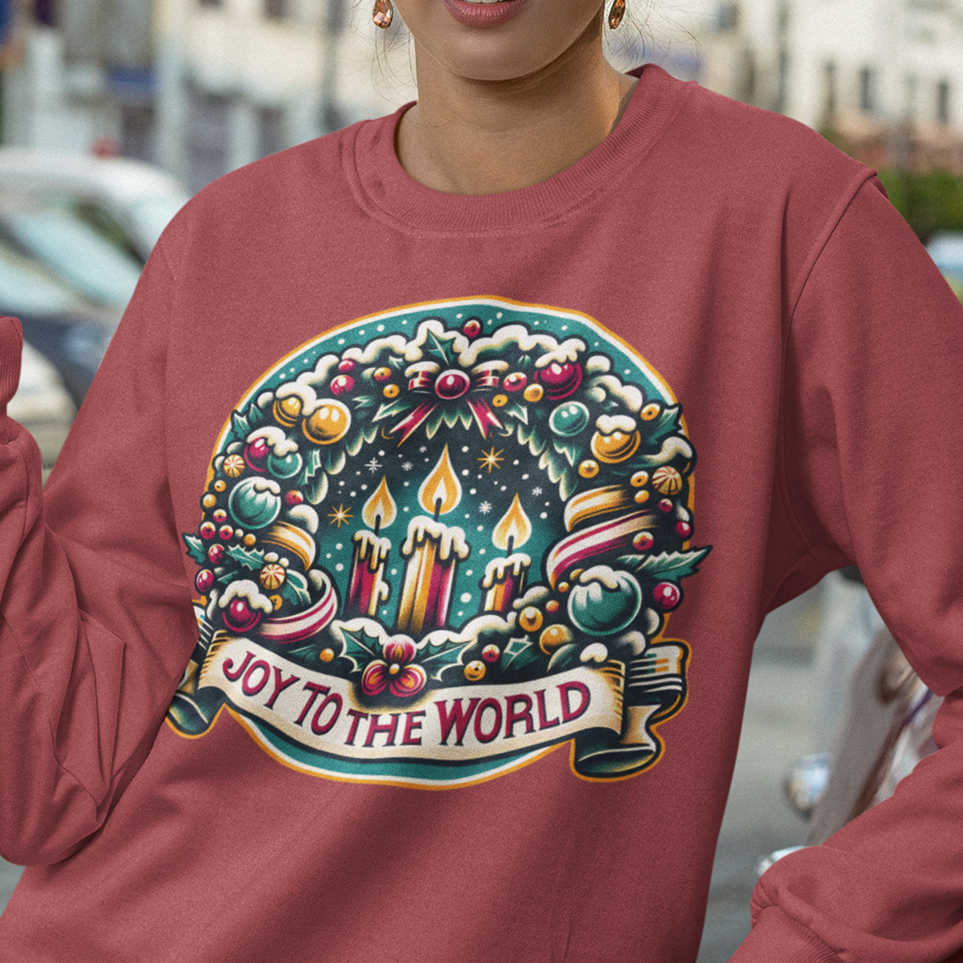 Joy to the World - Festive Christmas Wreath and Candle | Unisex Crewneck Sweatshirts