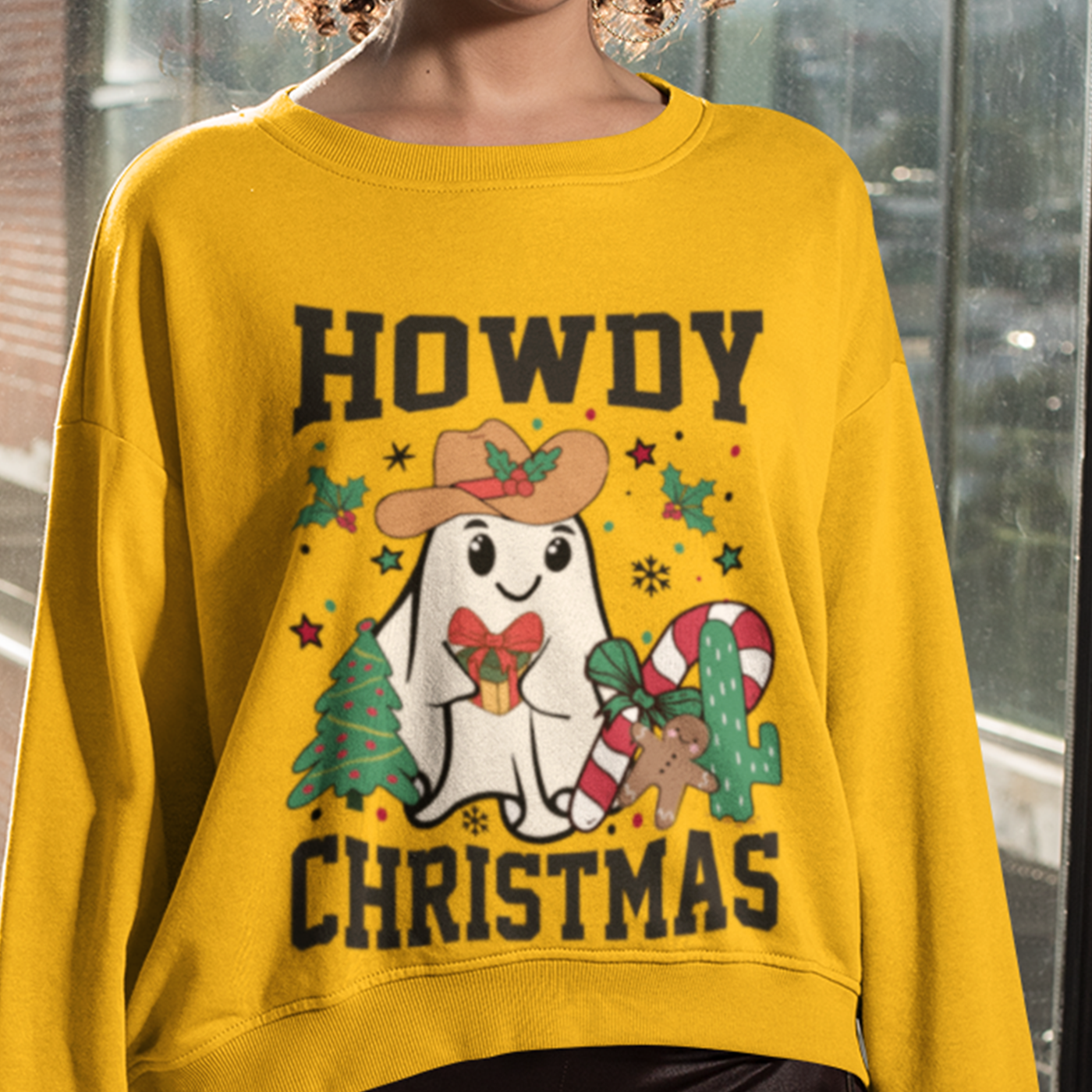 Howdy Christmas | Cute Cowboy Ghost Holiday | Unisex Crewneck Sweatshirts