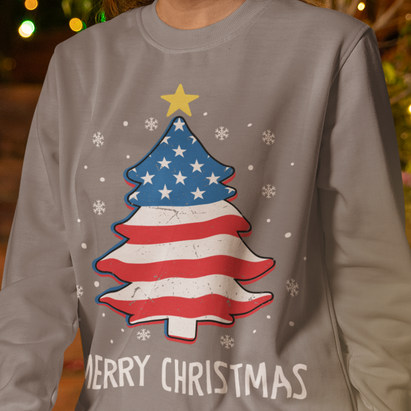 Patriotic Merry Christmas | American Flag Christmas Tree | Unisex Crewneck Sweatshirts
