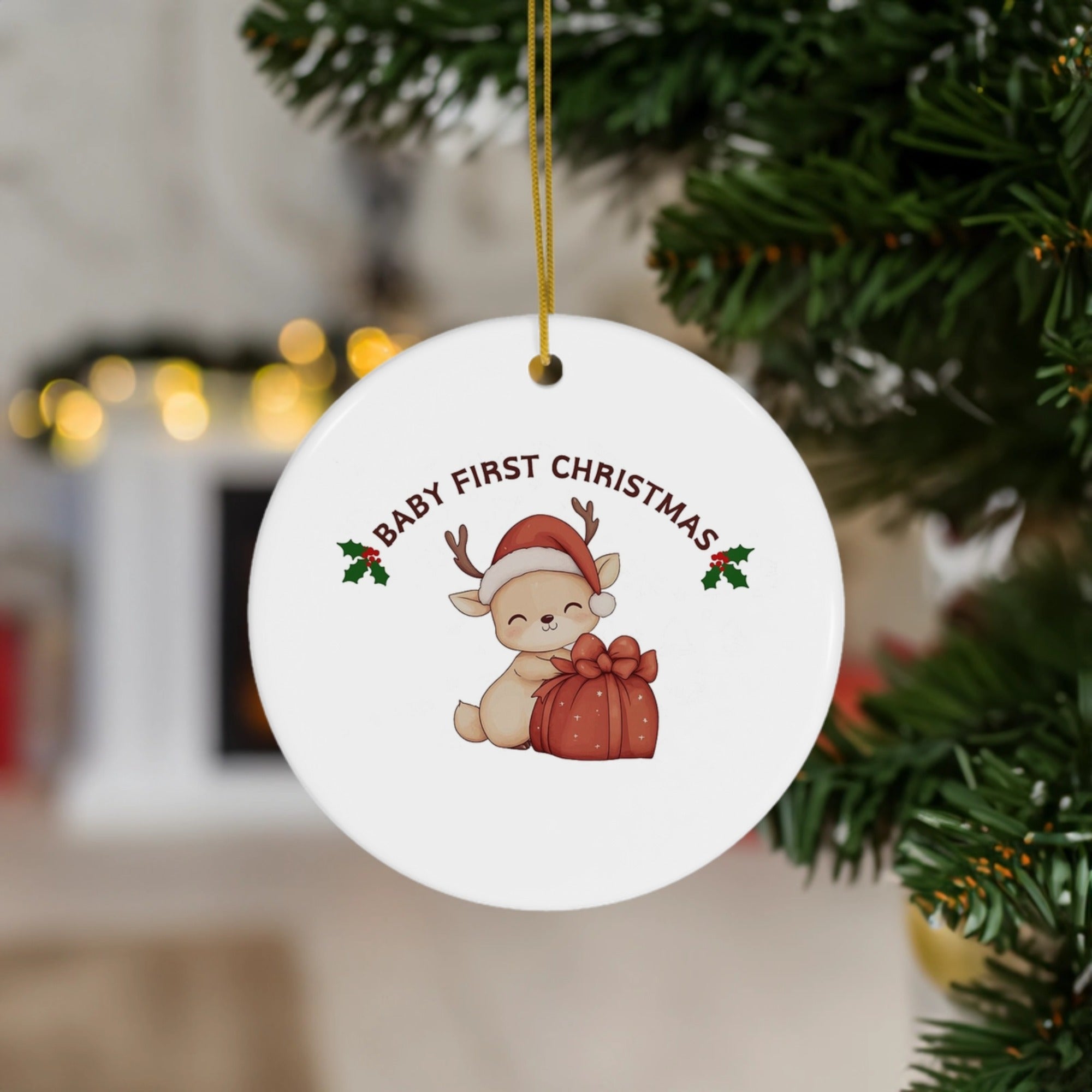 Cute Reindeer with Gift | Baby's First Christmas | Ceramic Ornament
