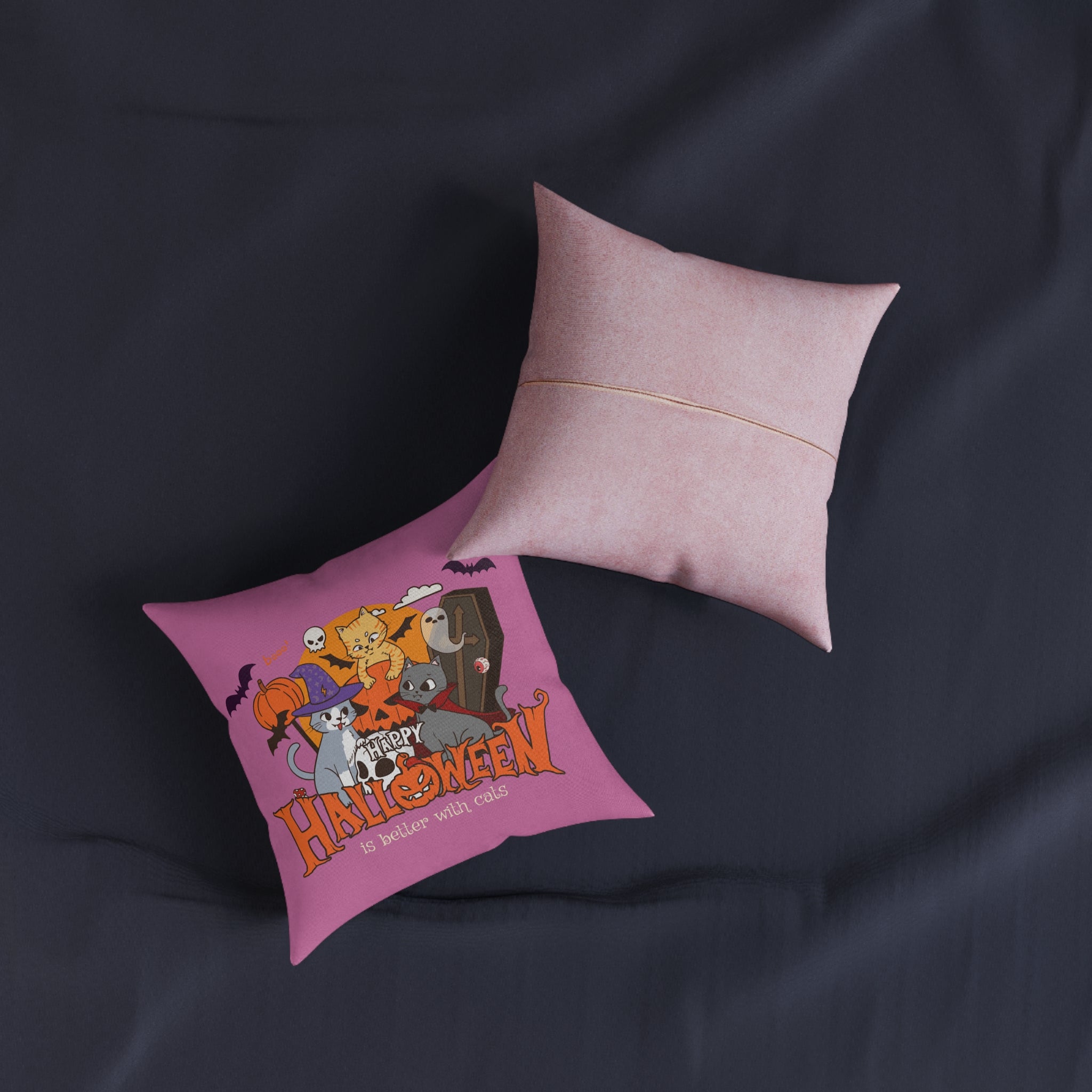 Halloween is Better with Cats | Square Pillow - Pink Back