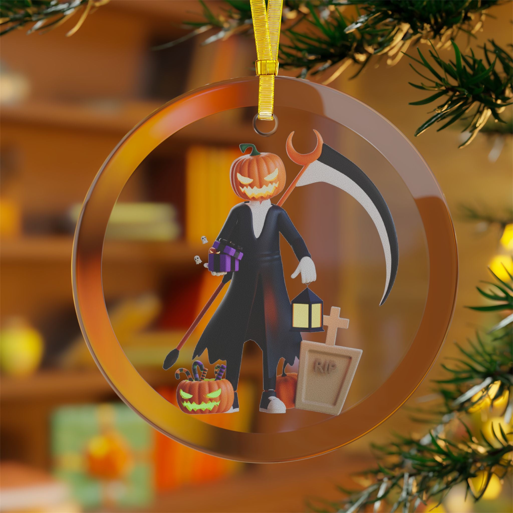 Halloween Pumpkin Reaper Strikes | Glass Ornaments