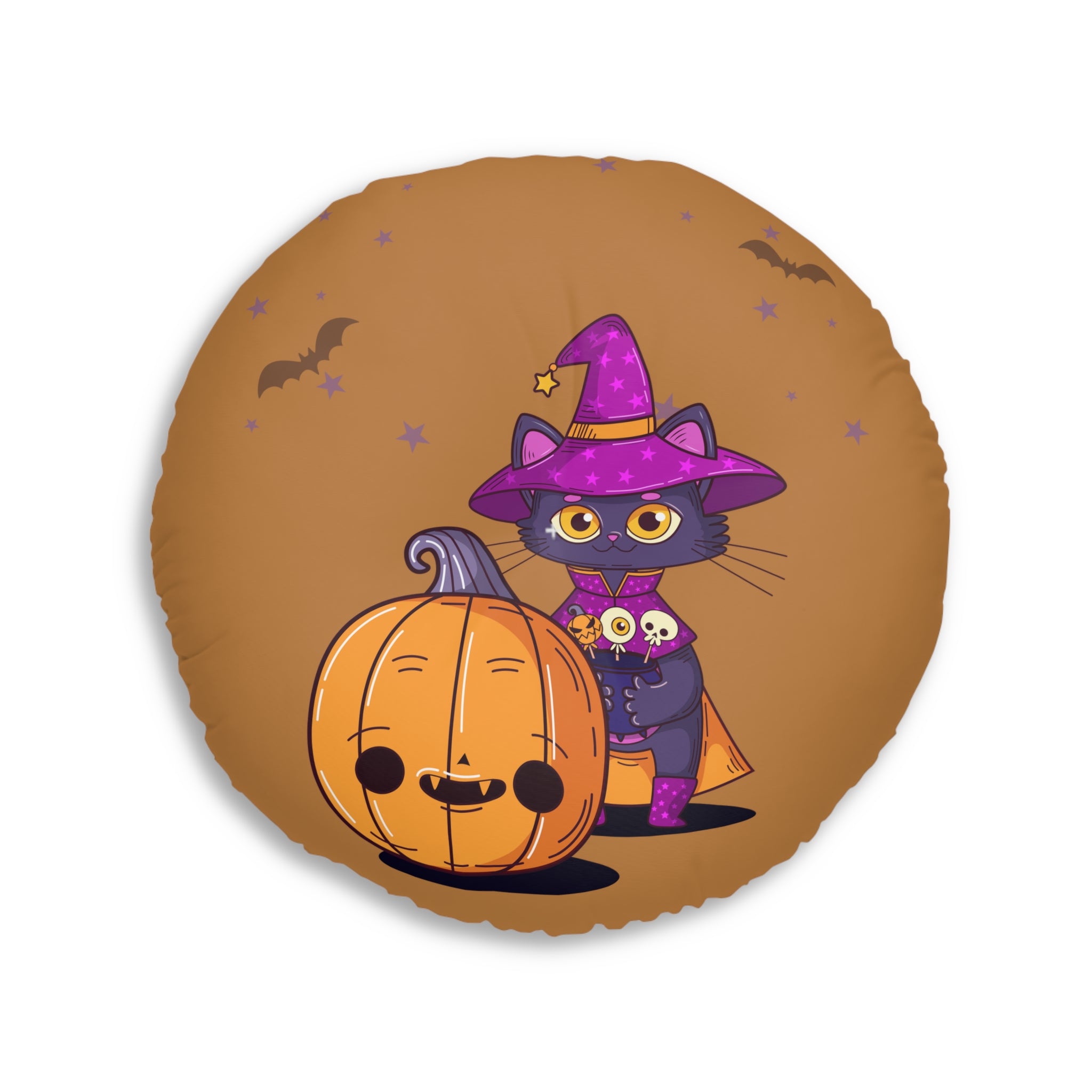 Halloween with Witch's Cats | Tufted Floor Pillow, Round
