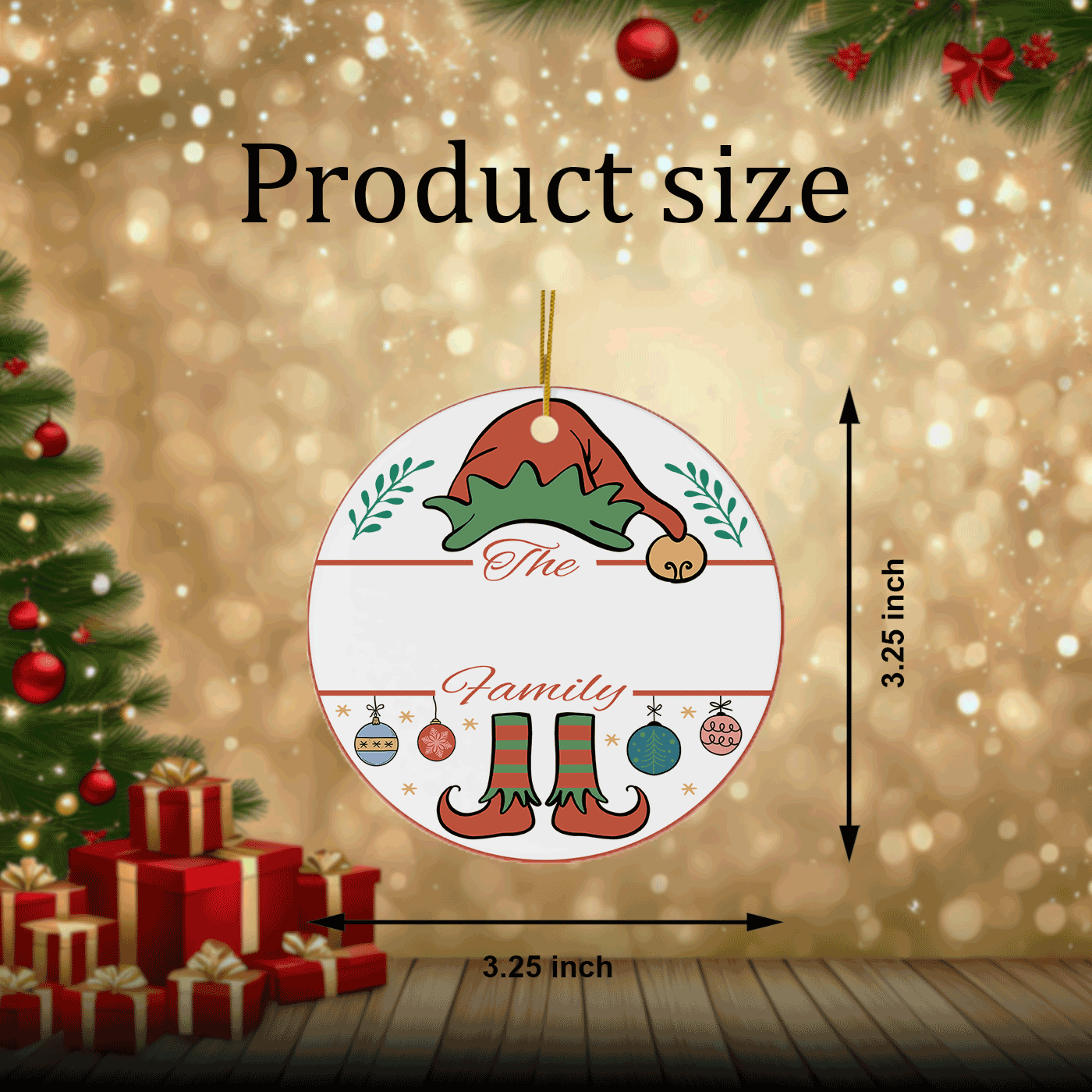 Custom Name Family Christmas | Festive Elf Theme | Ceramic Ornament