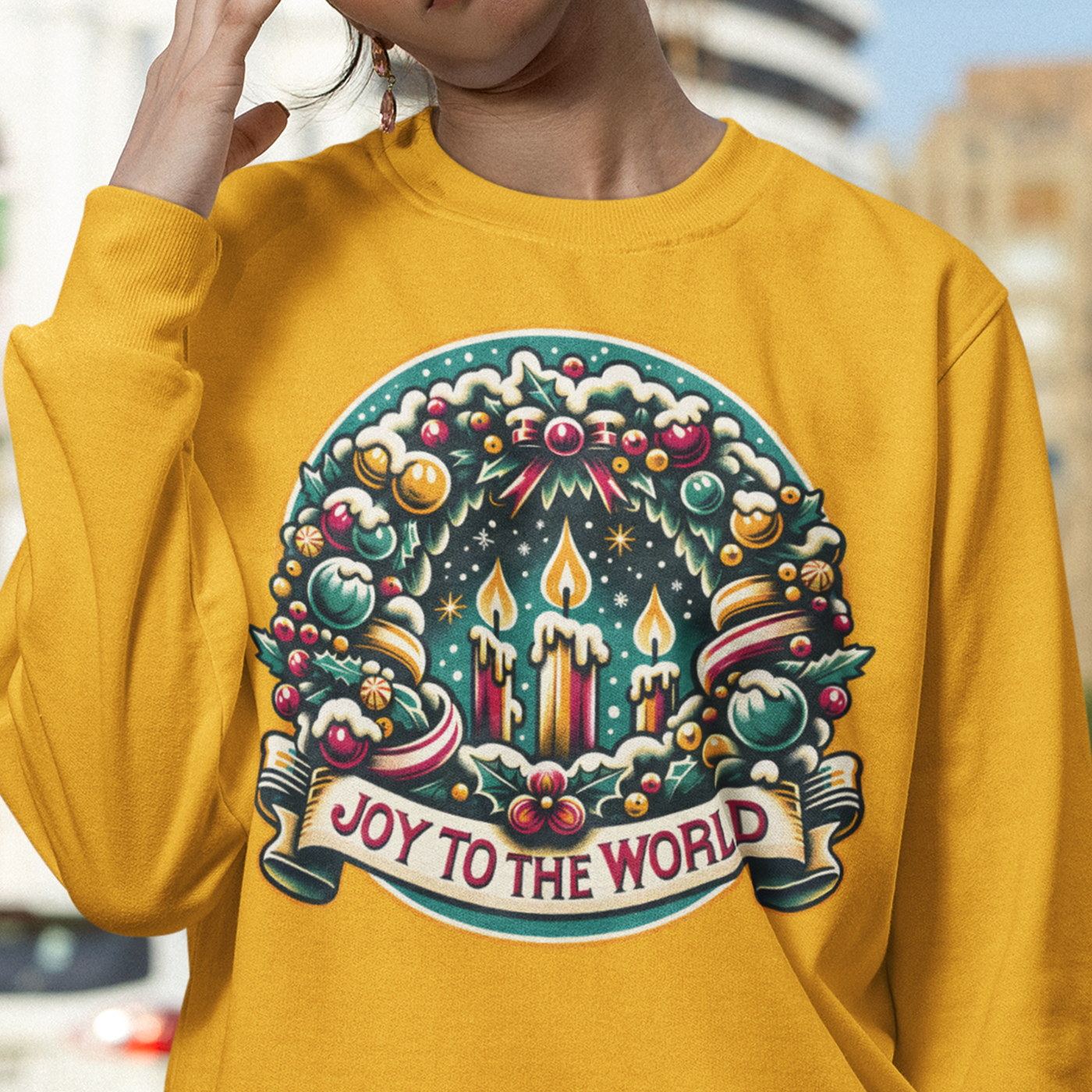 Joy to the World - Festive Christmas Wreath and Candle | Unisex Crewneck Sweatshirts