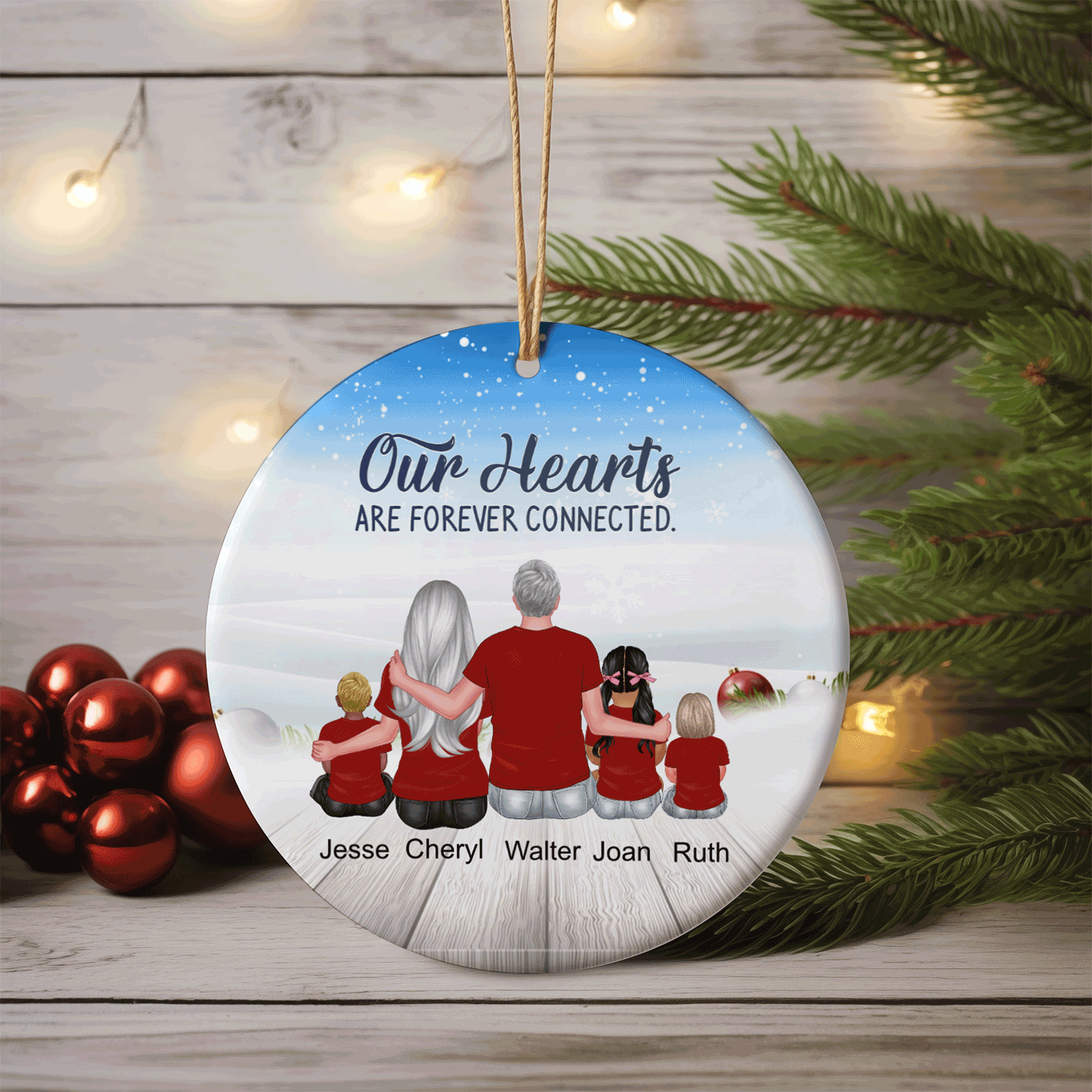Family Christmas | Our Hearts Are Forever Connected | Personalized Circle Ceramic Ornament