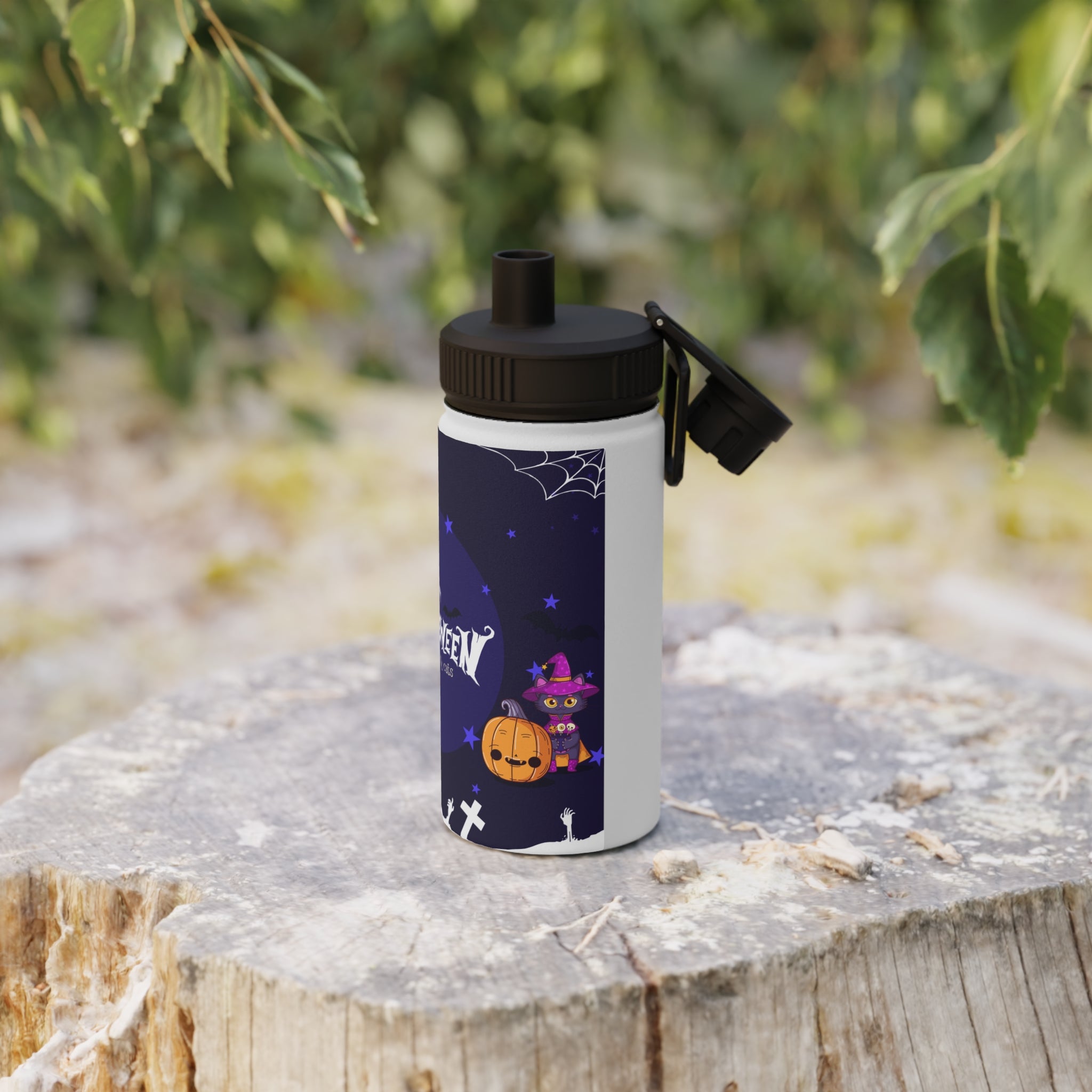 Happy Halloween with Witch's Cats | Stainless Steel Water Bottle, Sports Lid