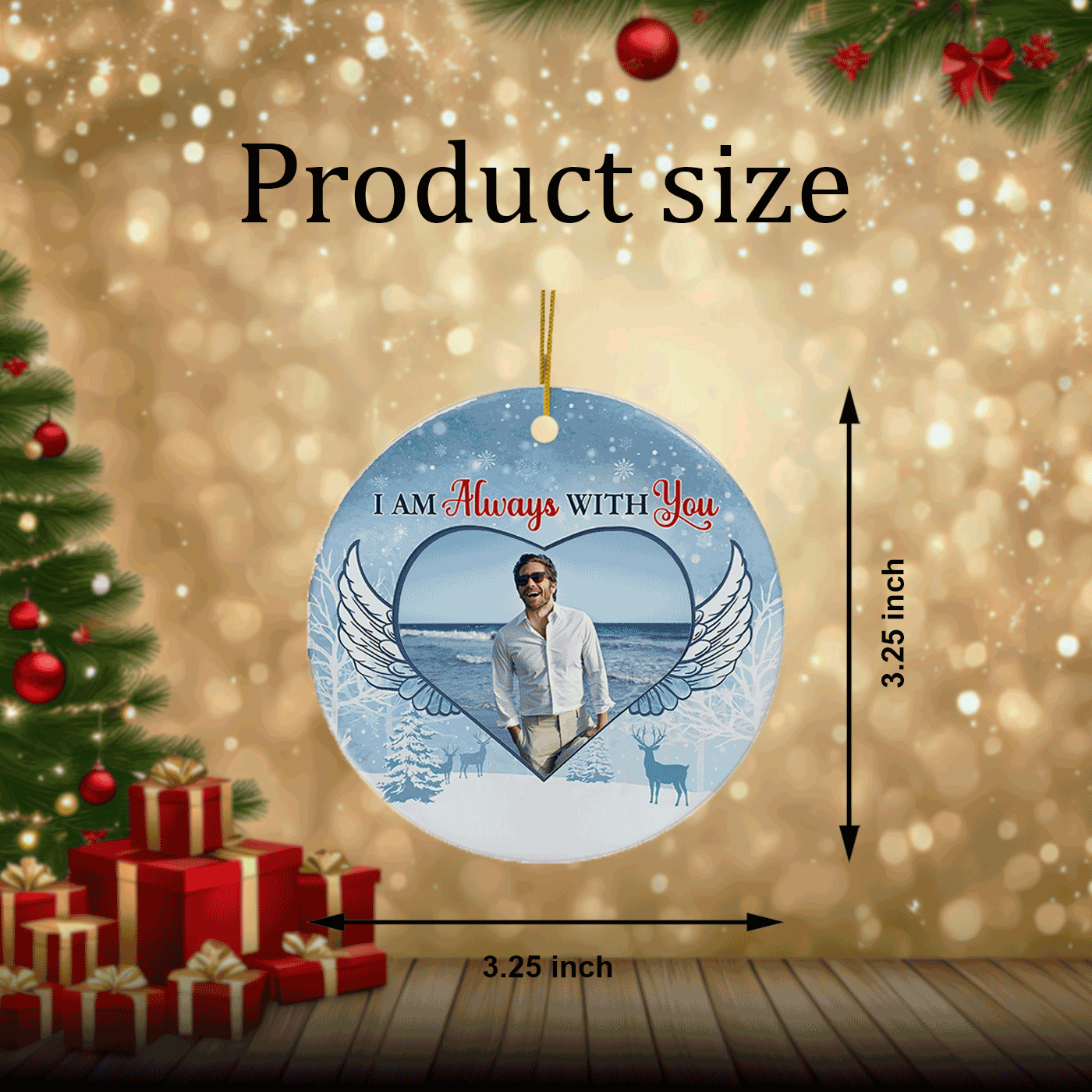 Christmas Winter with Heart and Angel Wings | I Am Always With You | Ceramic Ornament