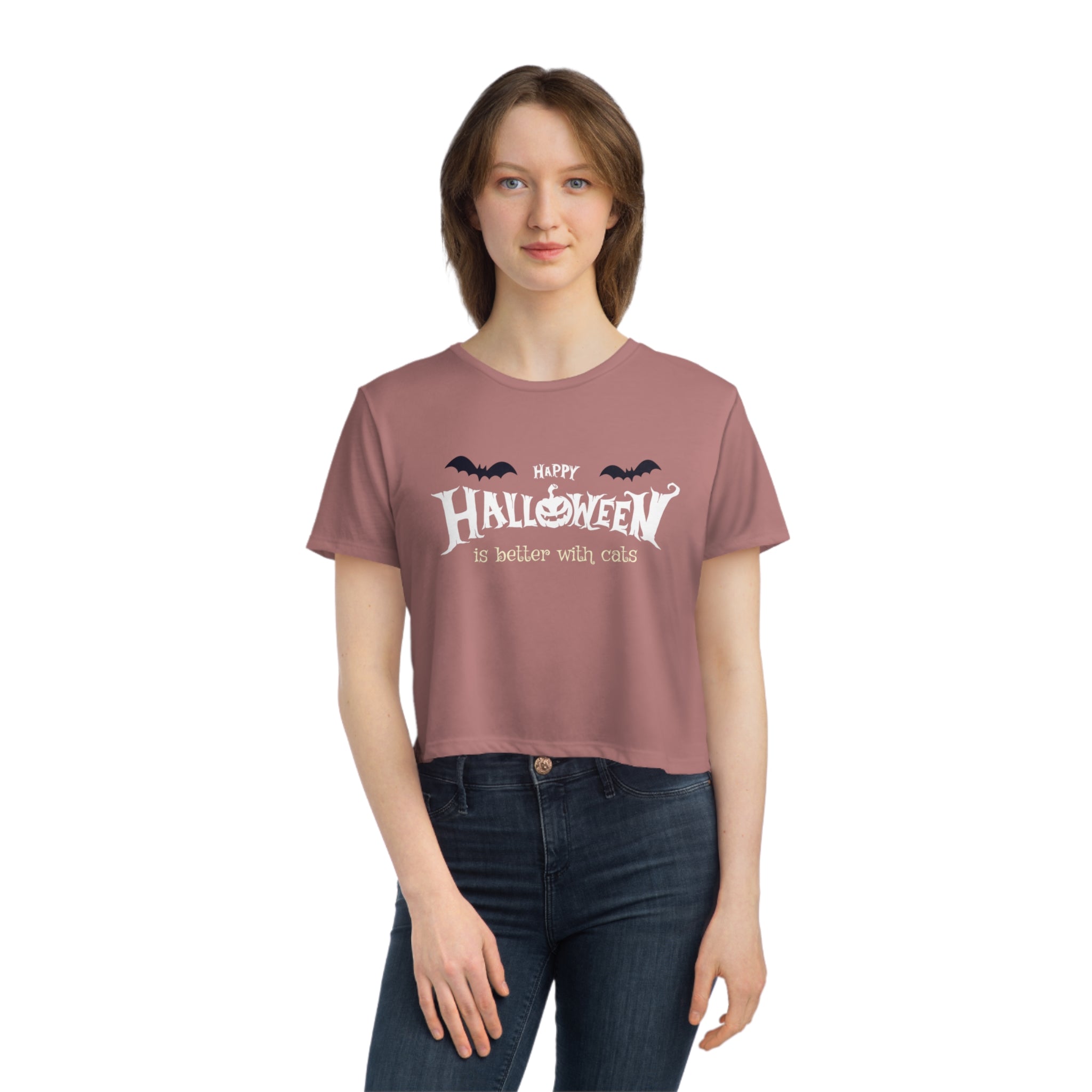 Halloween with Witch's Cats | Women's Flowy Cropped Tee
