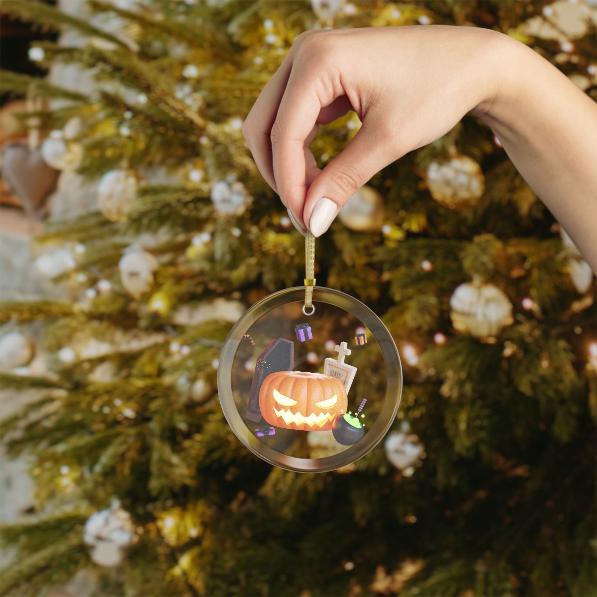 Halloween Glowing Pumpkin and Tombstone | Glass Ornaments