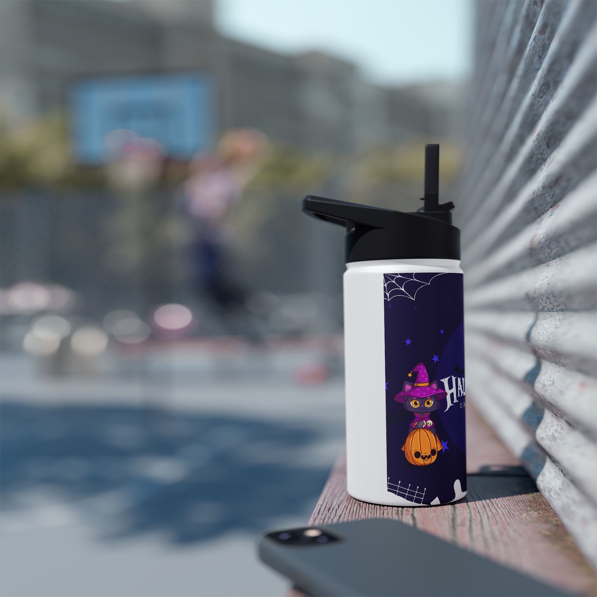 Happy Halloween with Witch's Cats | Stainless Steel Water Bottle, Standard Lid