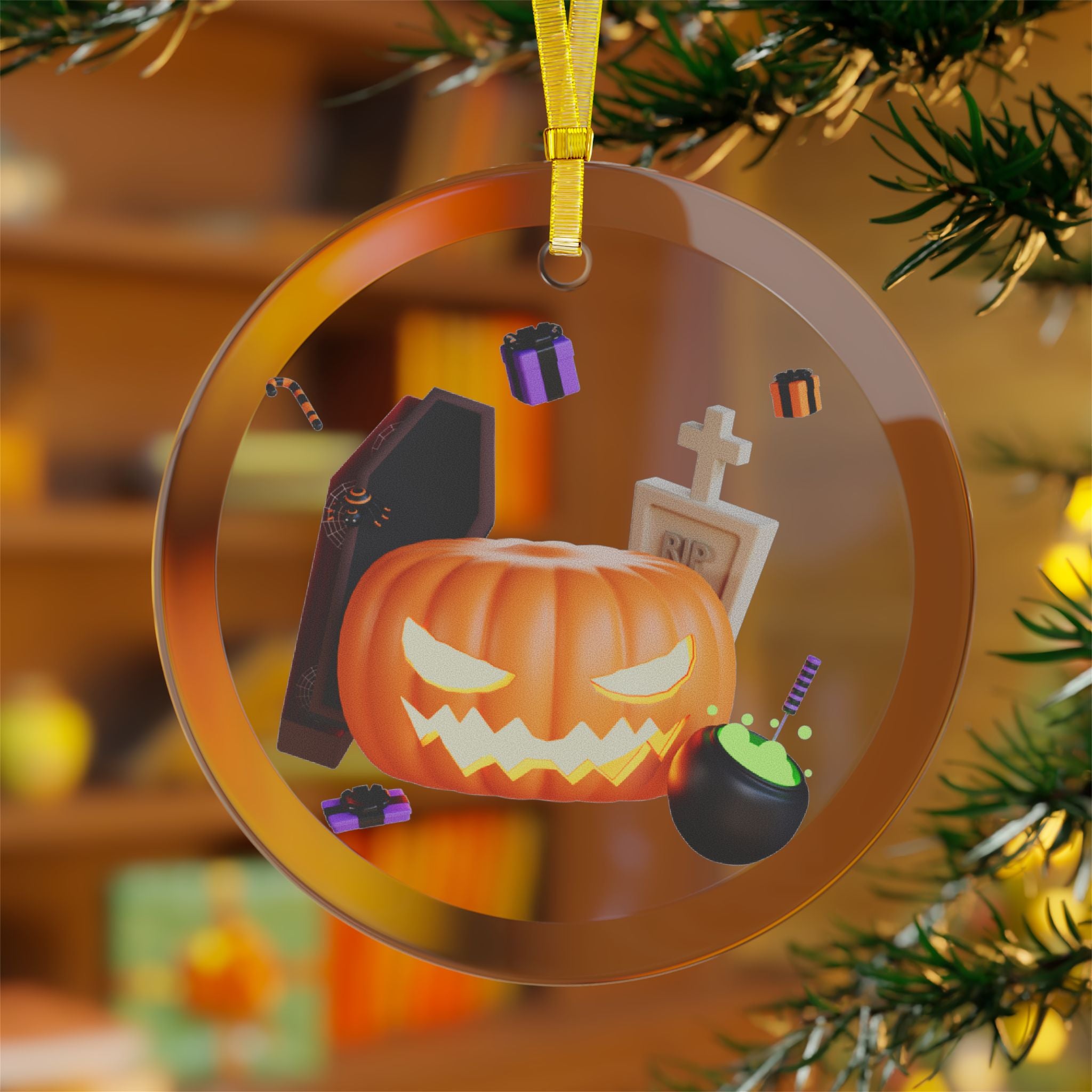 Halloween Glowing Pumpkin and Tombstone | Glass Ornaments
