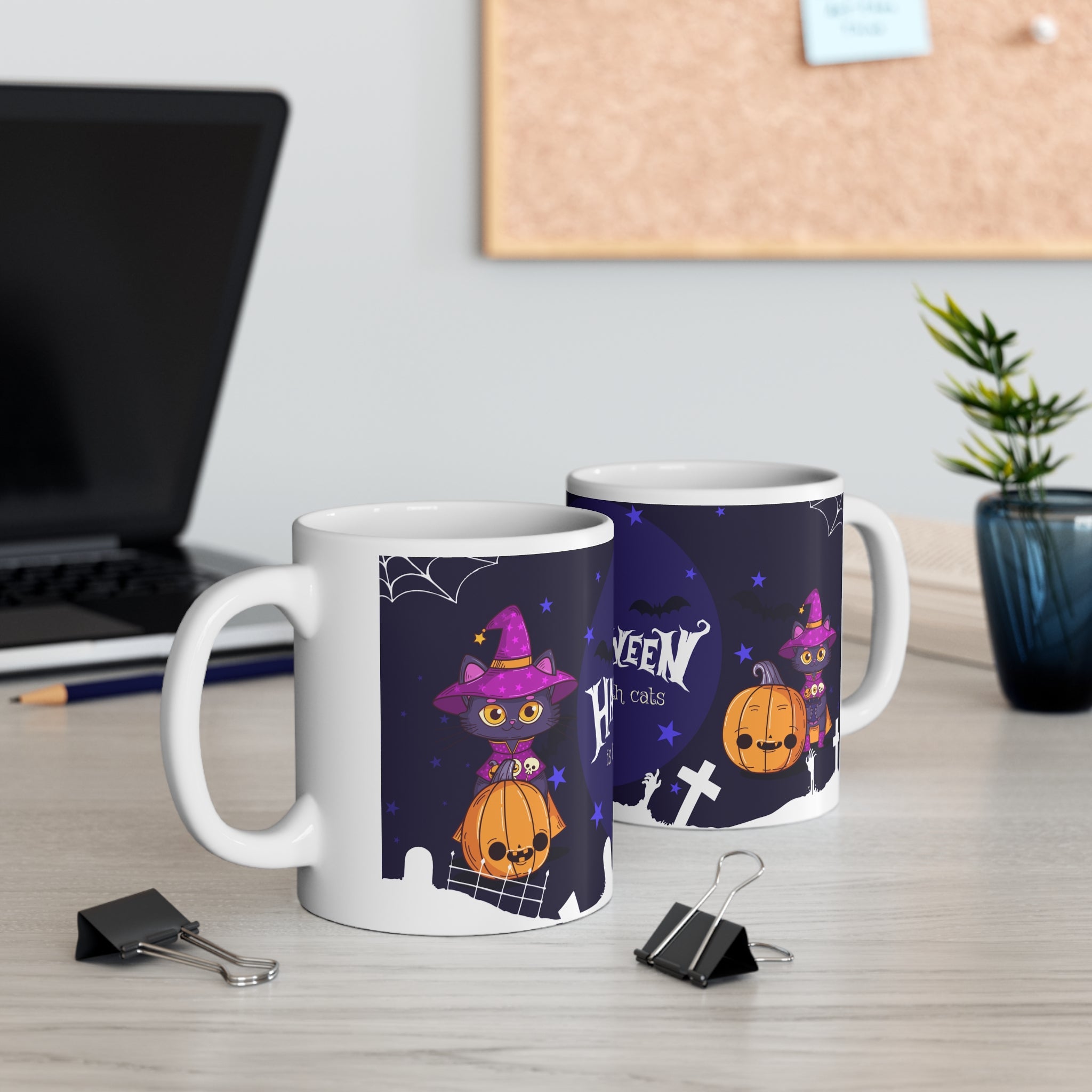Happy Halloween with Witch's Cats | White Ceramic Mug