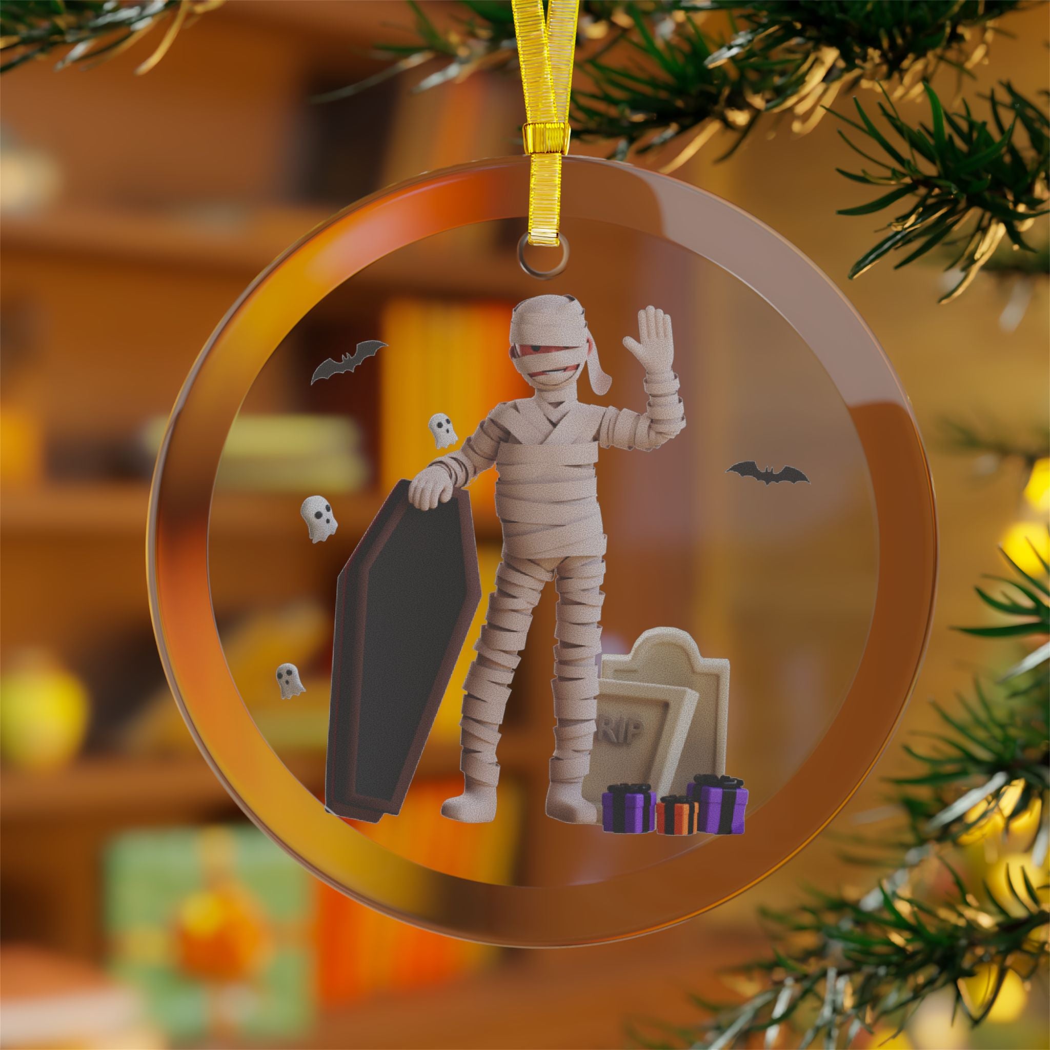Friendly Mummy Halloween Greetings | Glass Ornaments