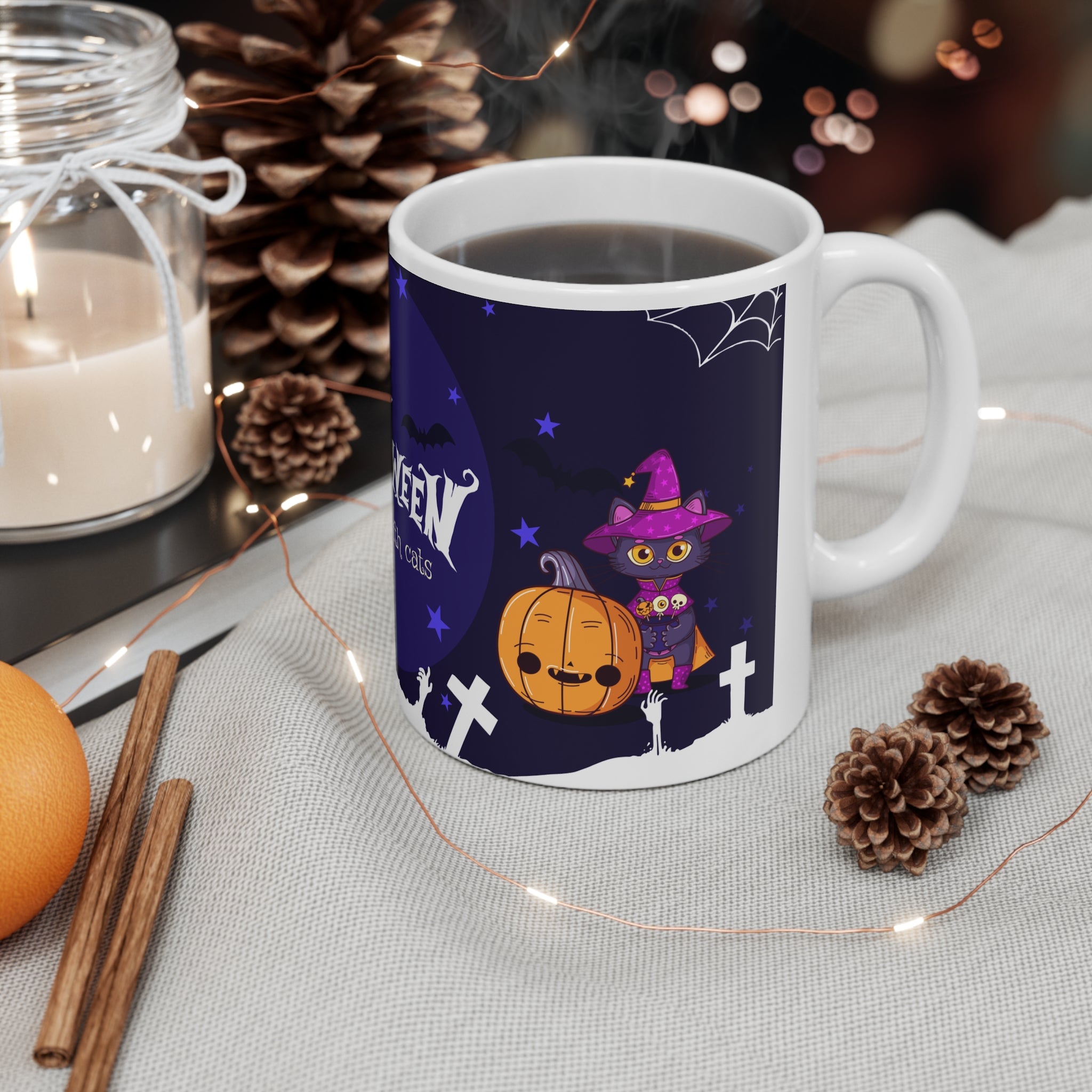 Happy Halloween with Witch's Cats | White Ceramic Mug