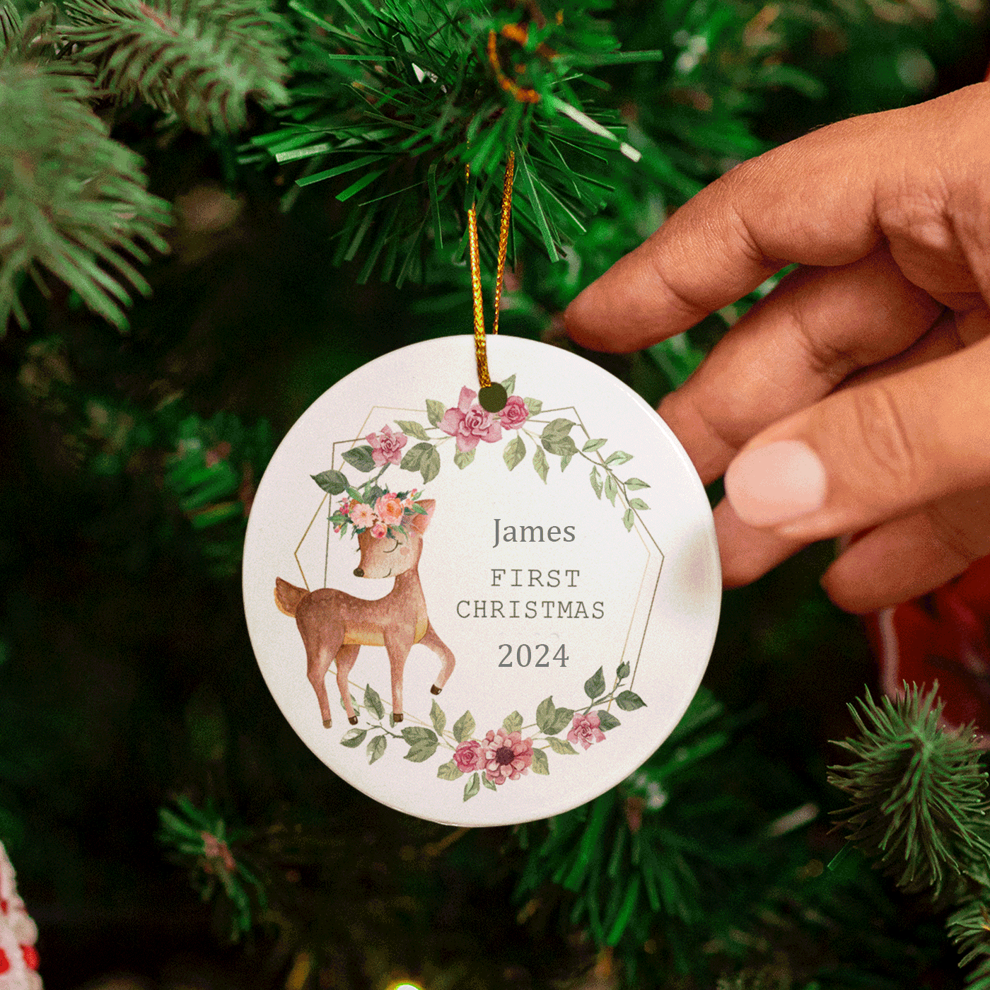 First Christmas | Elegant Floral Deer | Ceramic Ornament