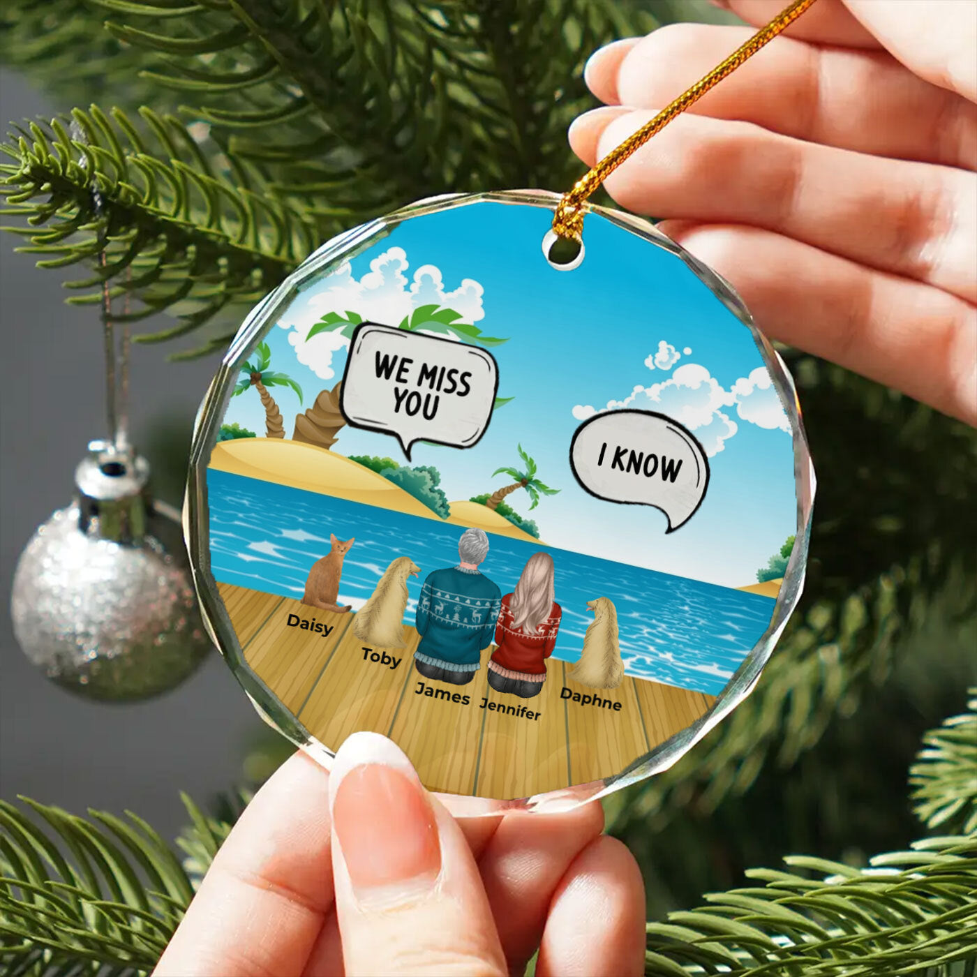 Customizable Crystal Glass Ornament | Christmas with Family with Pets & Personalized Backgrounds in Round Ornaments