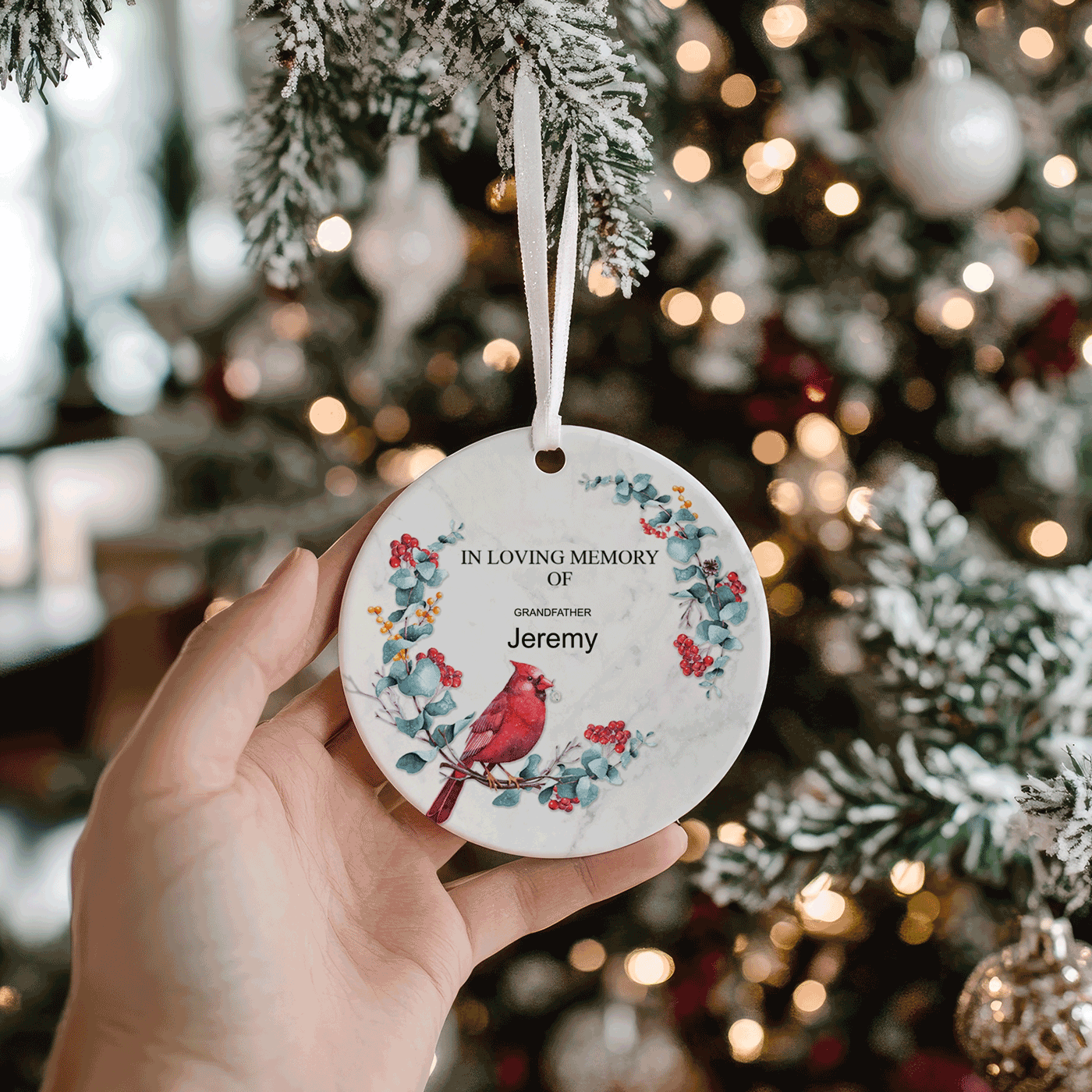 In Loving Memory of Mom | Christmas | Cardinal and Floral Wreath | Ceramic Ornament