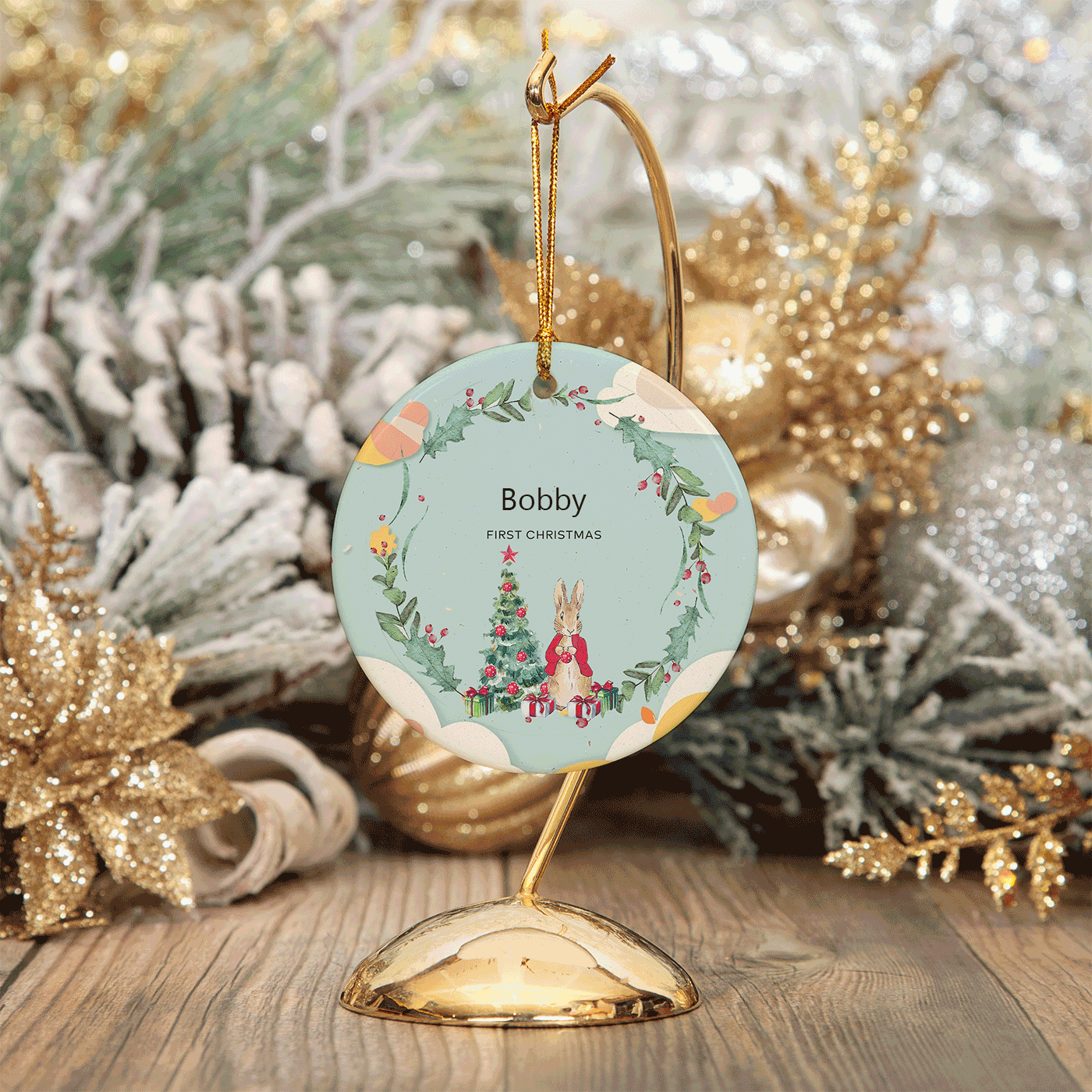 First Christmas Ornament with Woodland Bunny | Perfect for Baby's First Christmas | Ceramic Ornament