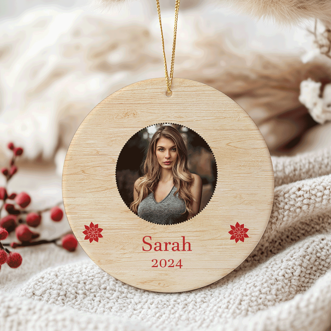 Rustic Photo with Poinsettia Accents | Simple Christmas | Ceramic Ornament