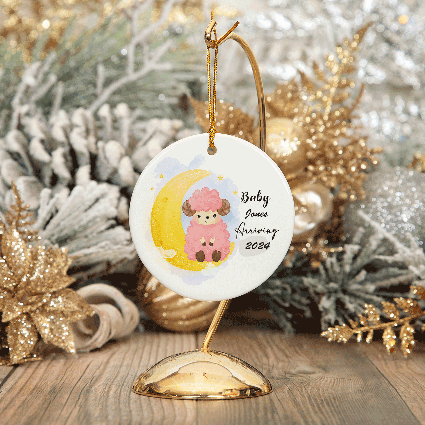 Baby Arriving Christmas | Adorable Sheep and Moon Design for Expecting Parents | Ceramic Ornament