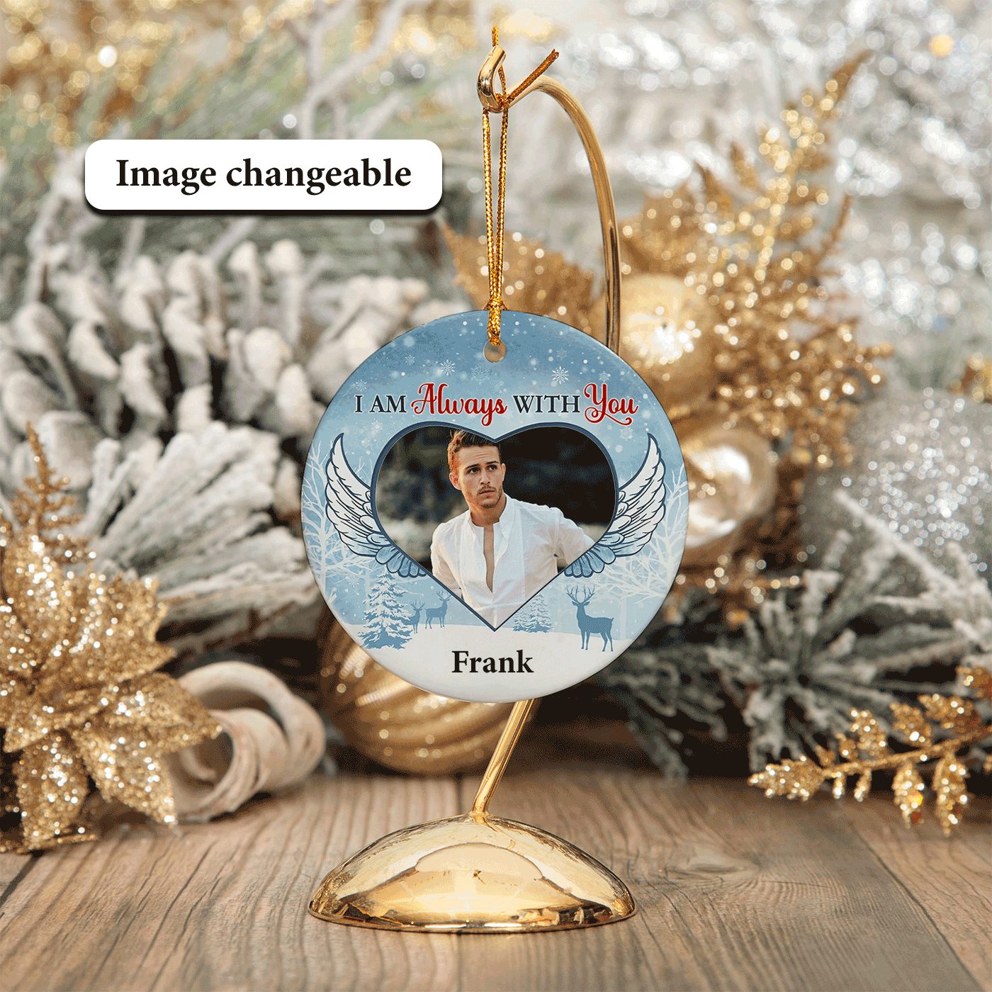 Christmas Winter with Heart and Angel Wings | I Am Always With You | Ceramic Ornament