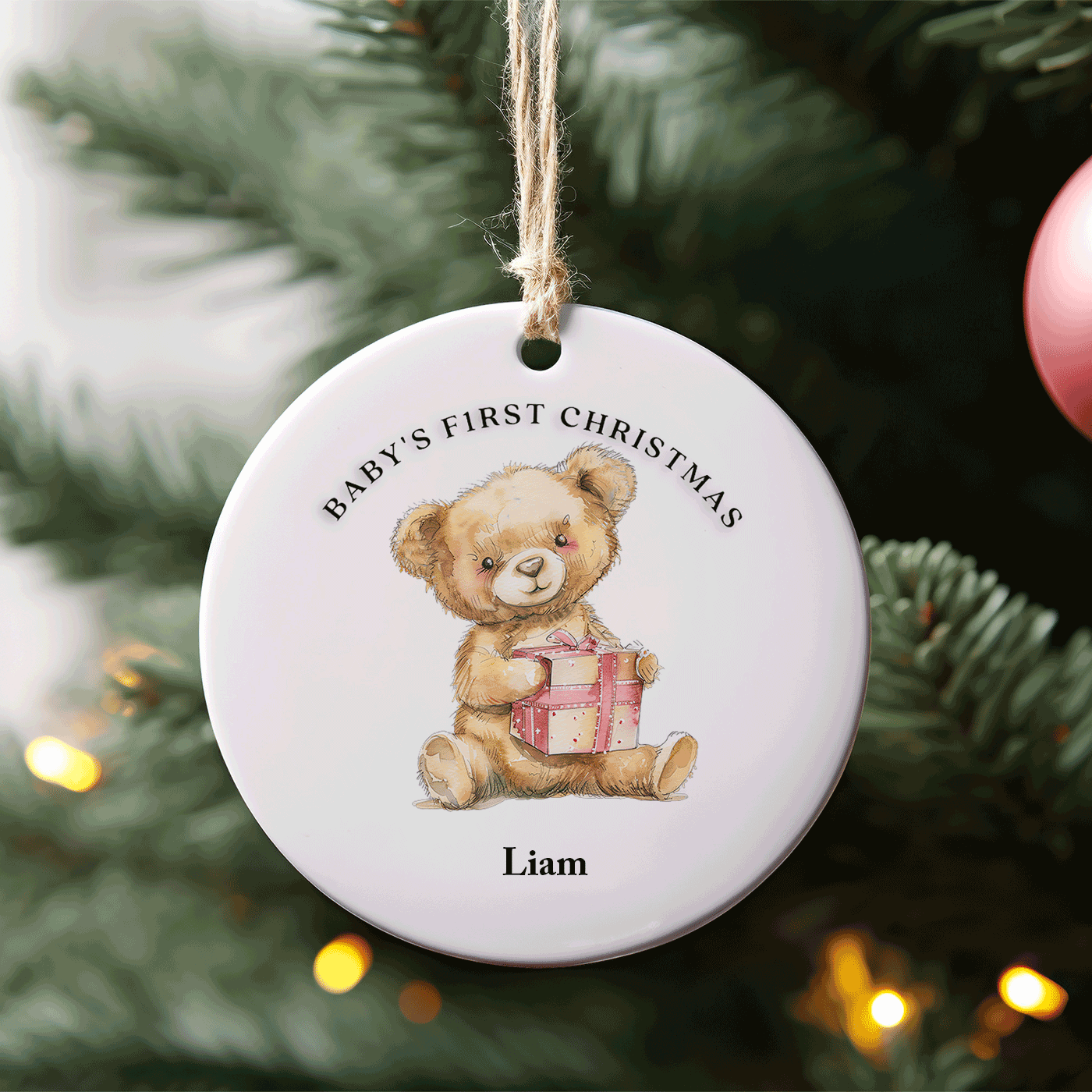 Baby's First Christmas | Cute Teddy Bear with Gift | Ceramic Ornament