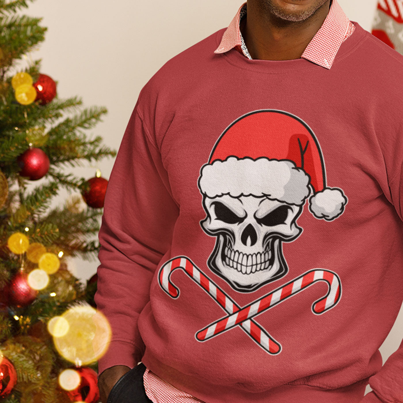 Skull with Santa Hat and Candy Canes | Edgy Christmas | Unisex Crewneck Sweatshirts