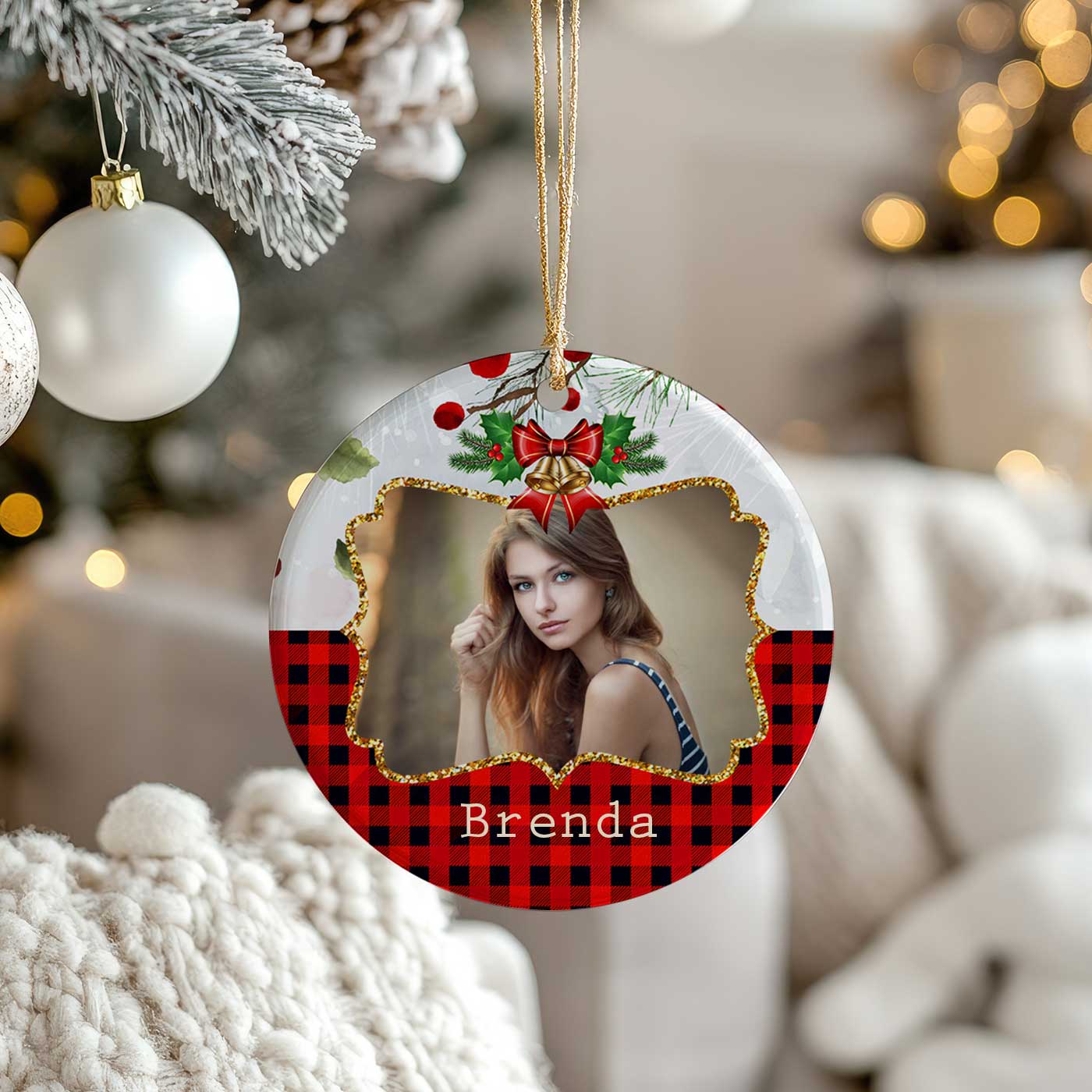 Festive Christmas with Bells and Buffalo Plaid | Classic Holiday Decor | Ceramic Ornament
