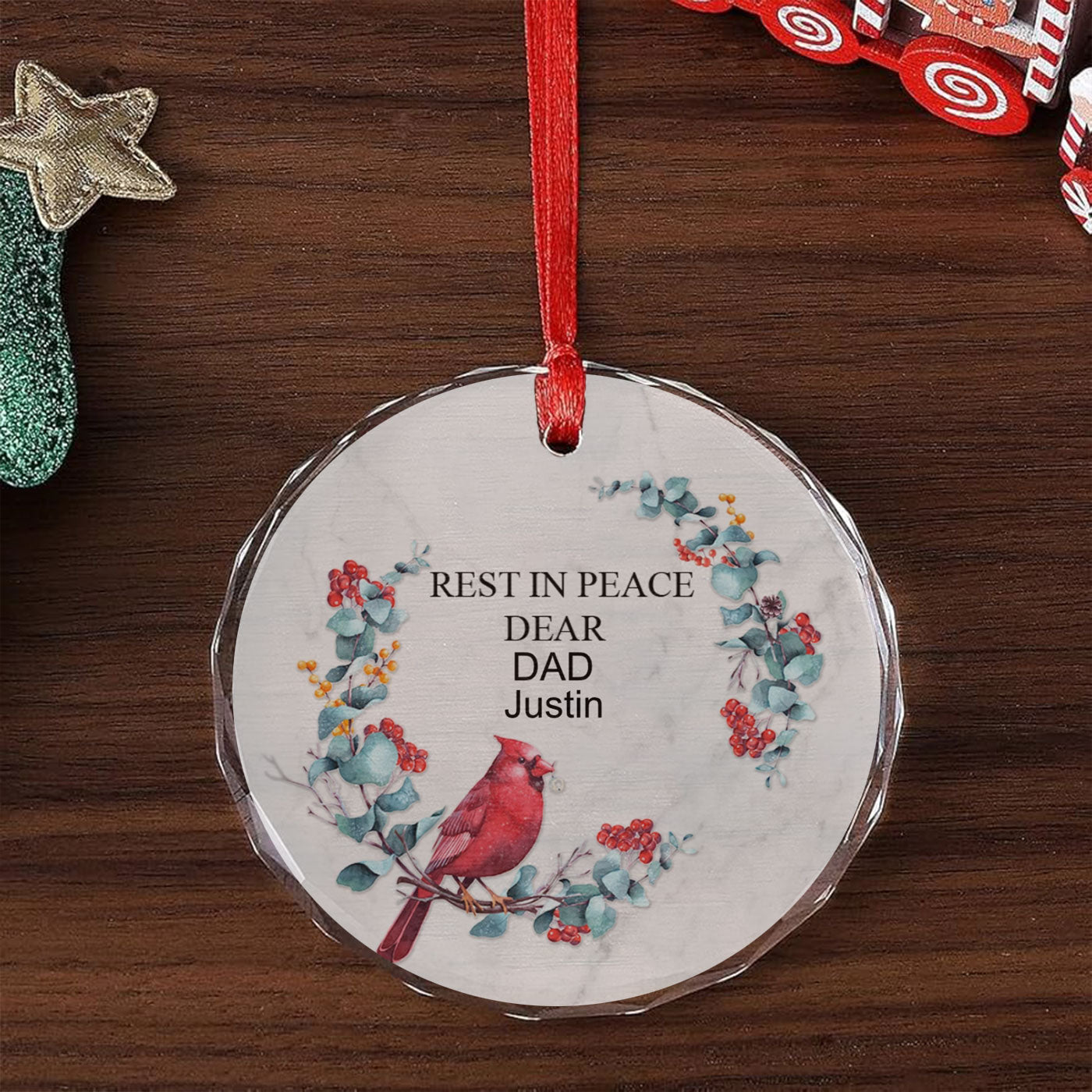 Remembered With Love | Christmas | Cardinal and Floral Wreath | Personalised Glass Ornament