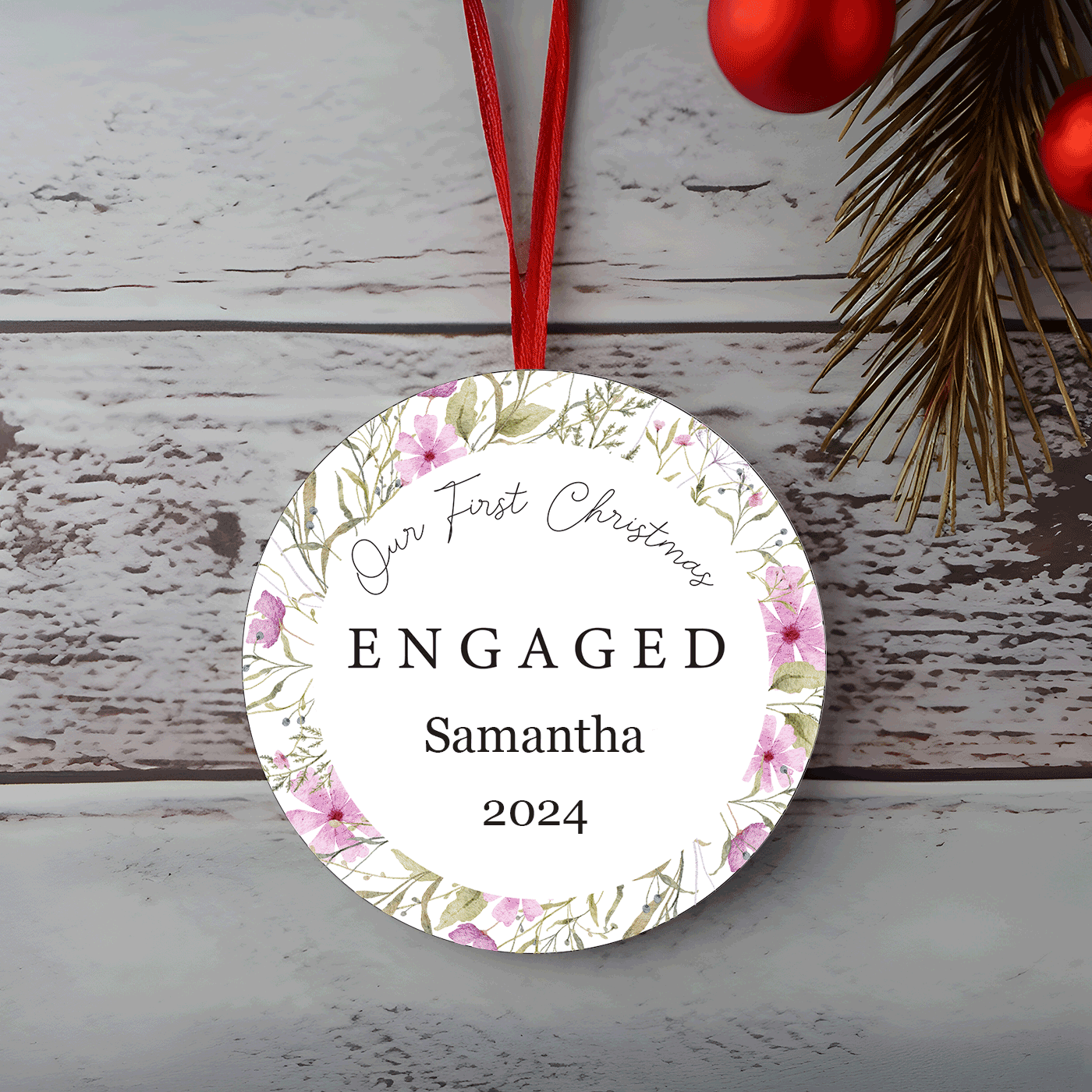 Our First Christmas Engaged | Delicate Floral | Ceramic Ornament