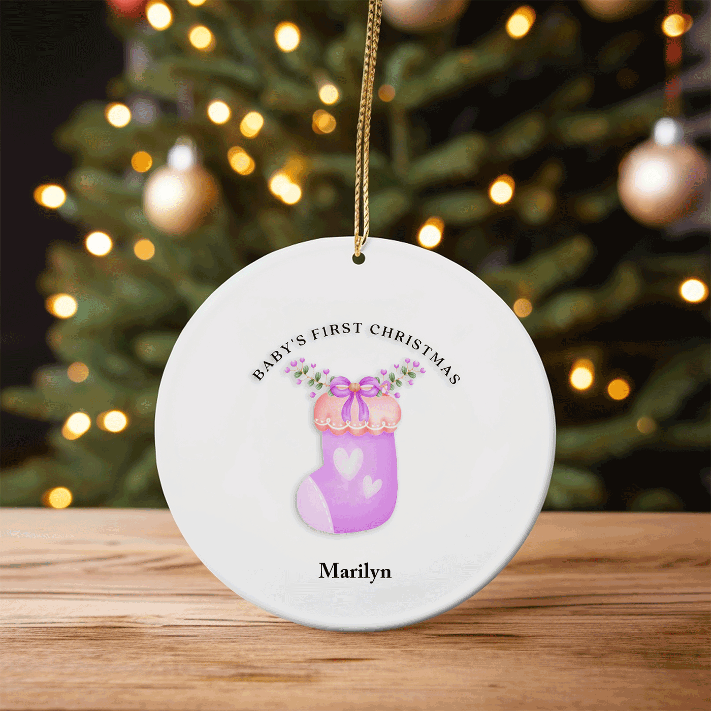 Baby's First Christmas | Adorable Pink Stocking Keepsake | Ceramic Ornament