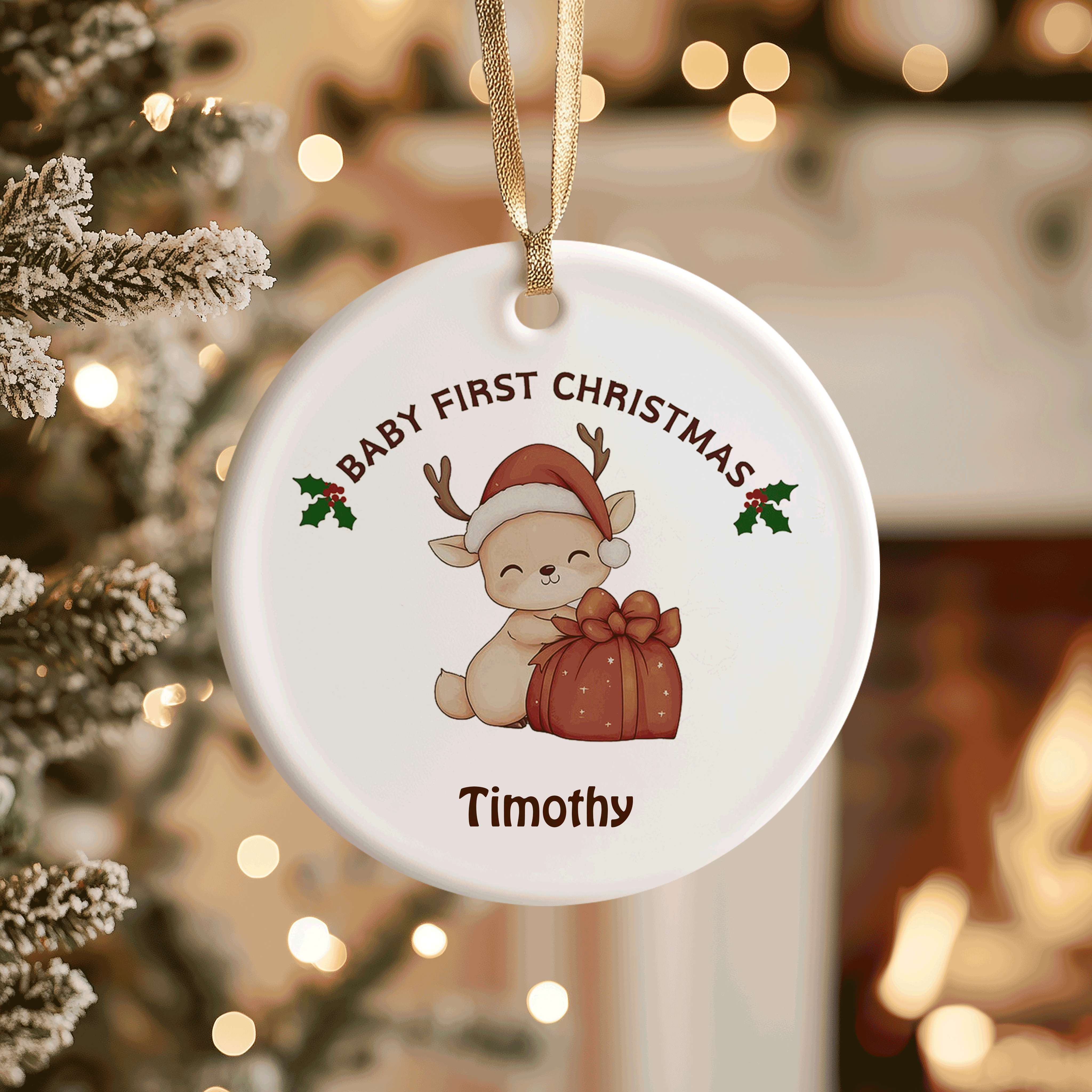 Cute Reindeer with Gift | Baby's First Christmas | Ceramic Ornament