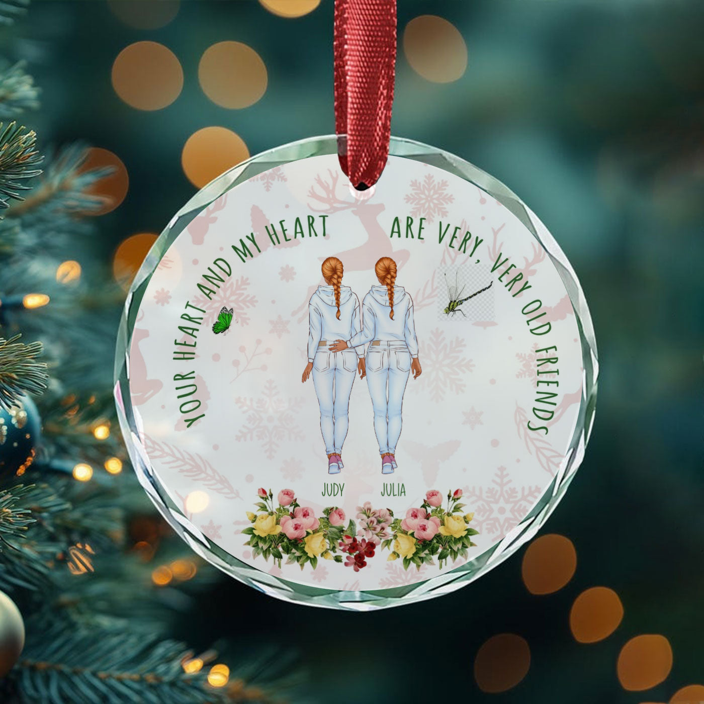 Custom Friendship Christmas Glass Ornament - Your Heart and My Heart