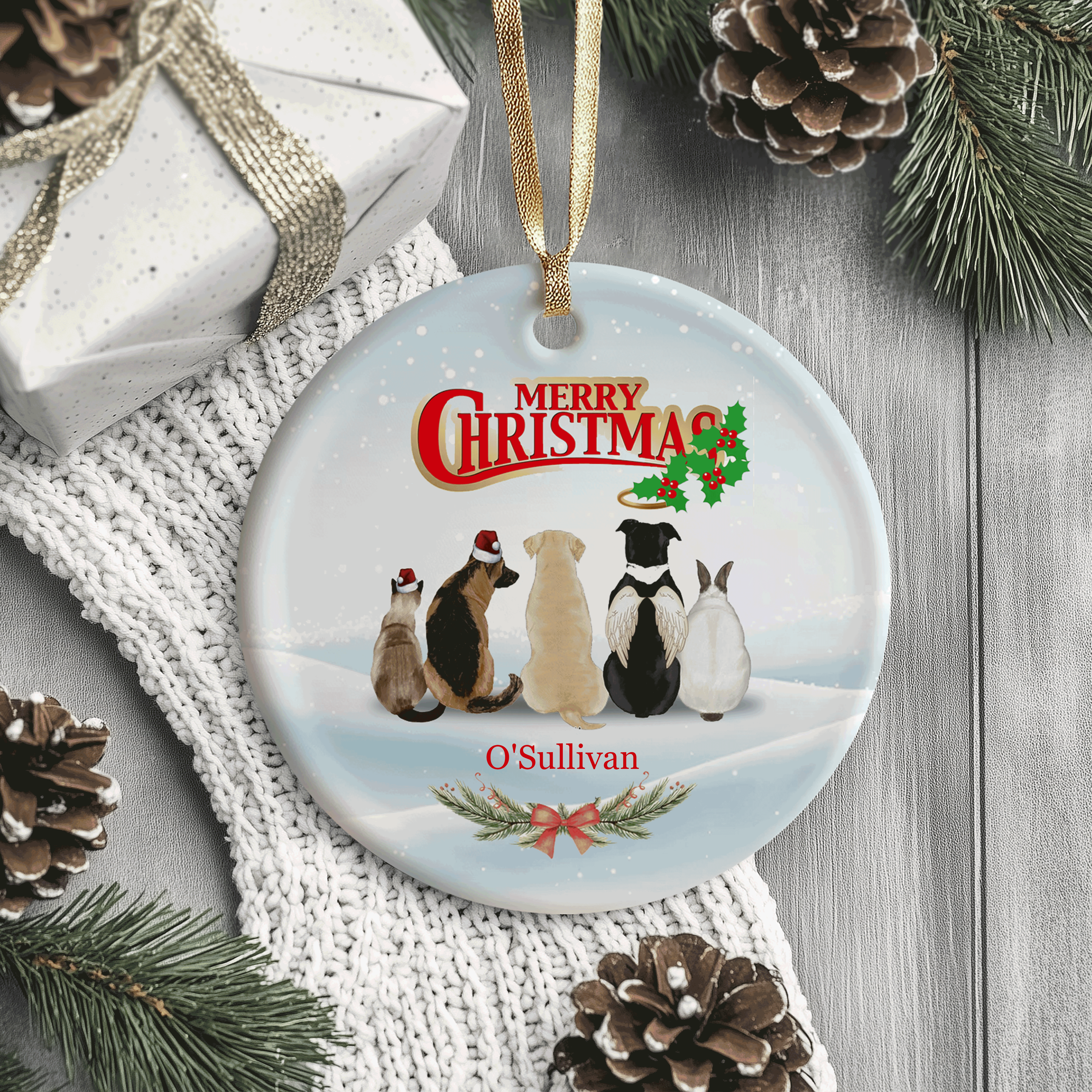 Merry Christmas with Pets | Festive Holiday Decor for Animal Lovers | Ceramic Ornament