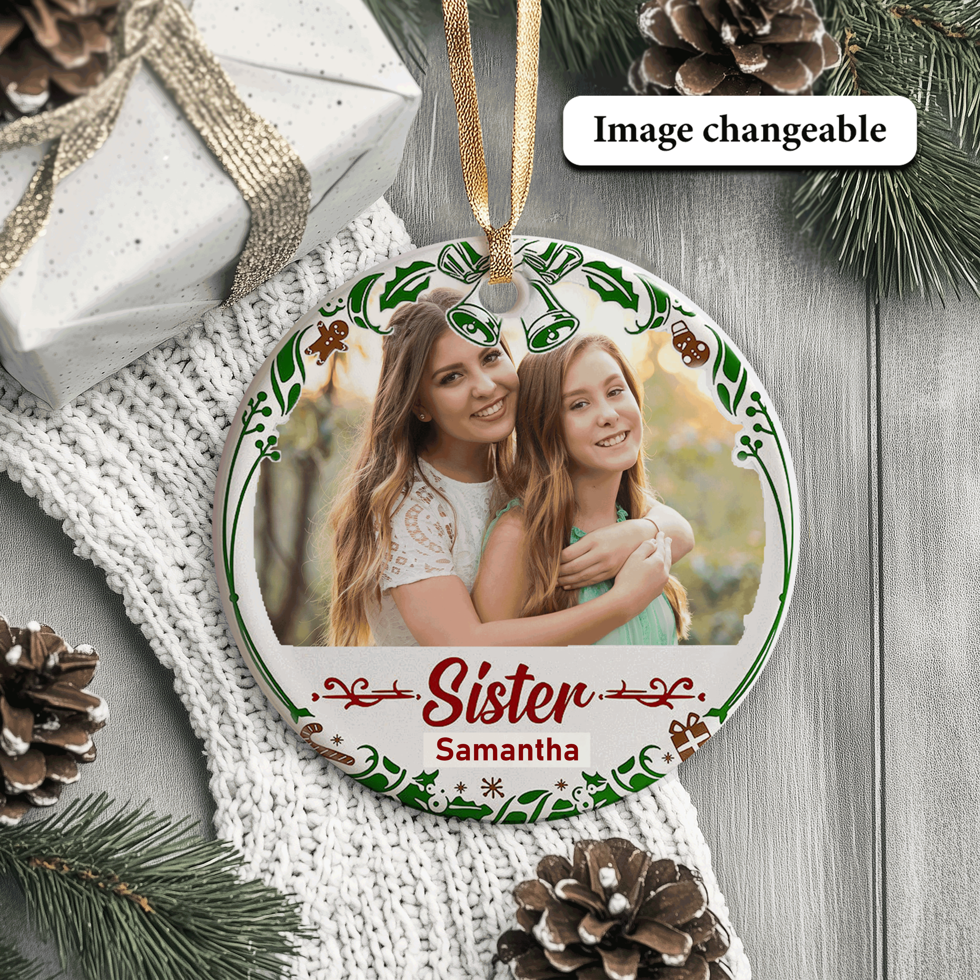 Christmas Memorial Ornament for Sister | Festive Holiday Tribute with Bells | Ceramic Ornament