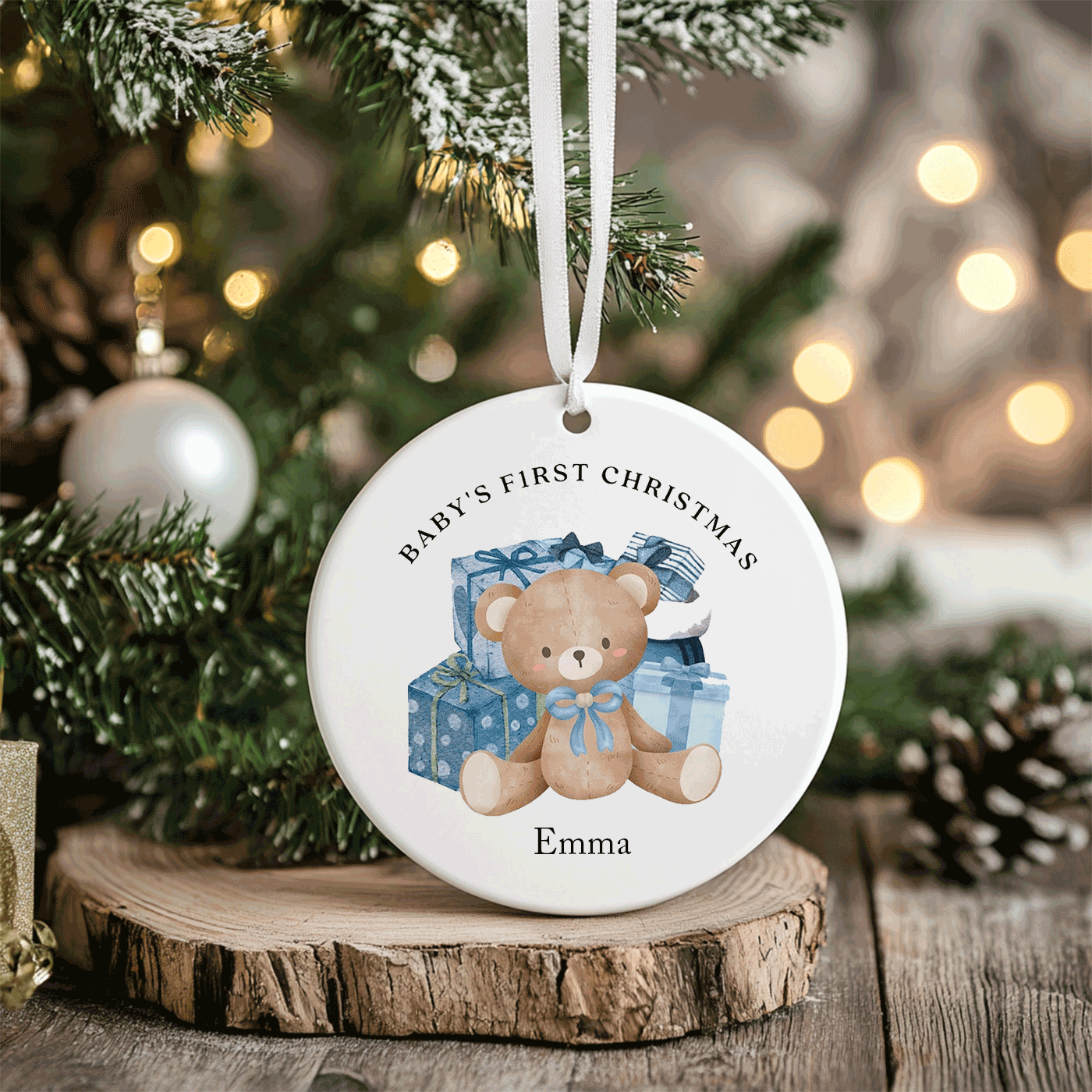 Teddy Bear with Blue Gifts | Baby’s First Christmas | Ceramic Ornament