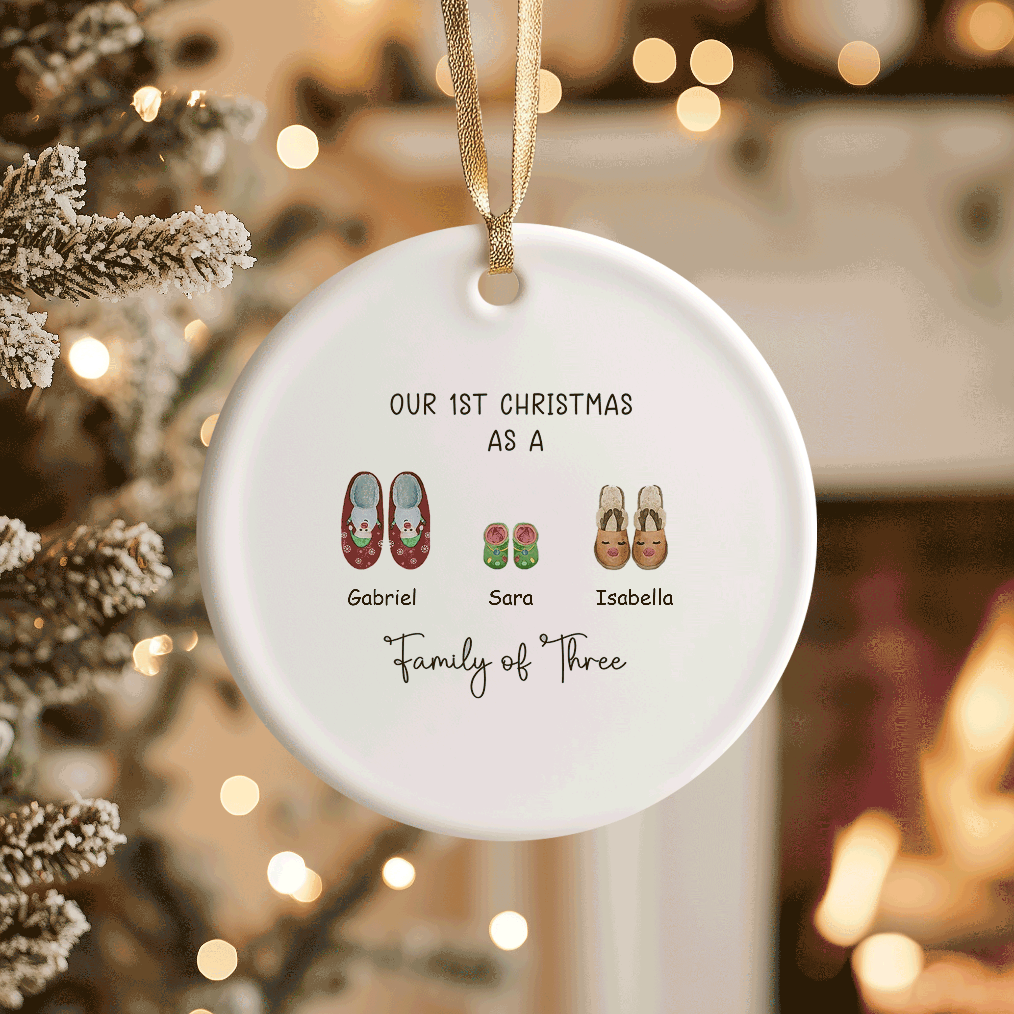 Cute Slipper Design for New Families | Our First Christmas as a Family of Three | Ceramic Ornament