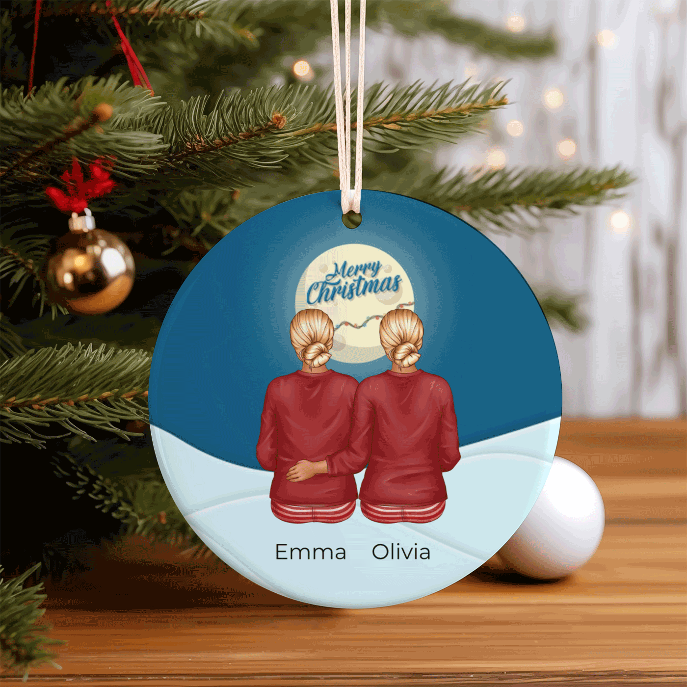 Personalized Christmas Ornament with Besties in Matching Outfits | Ceramic Ornament