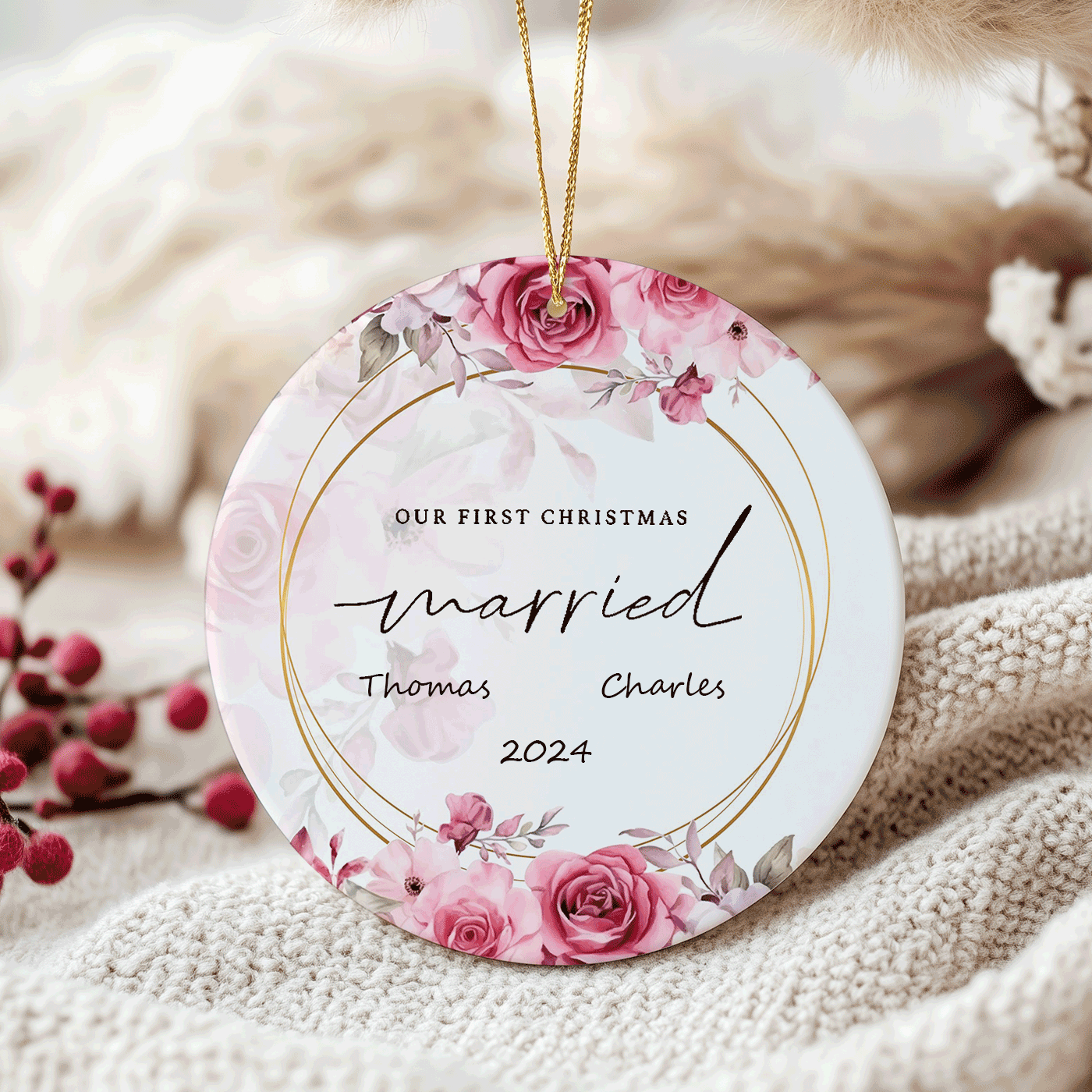 Our First Christmas Married Ornament | Elegant Floral Design for Newlyweds | Ceramic Ornament