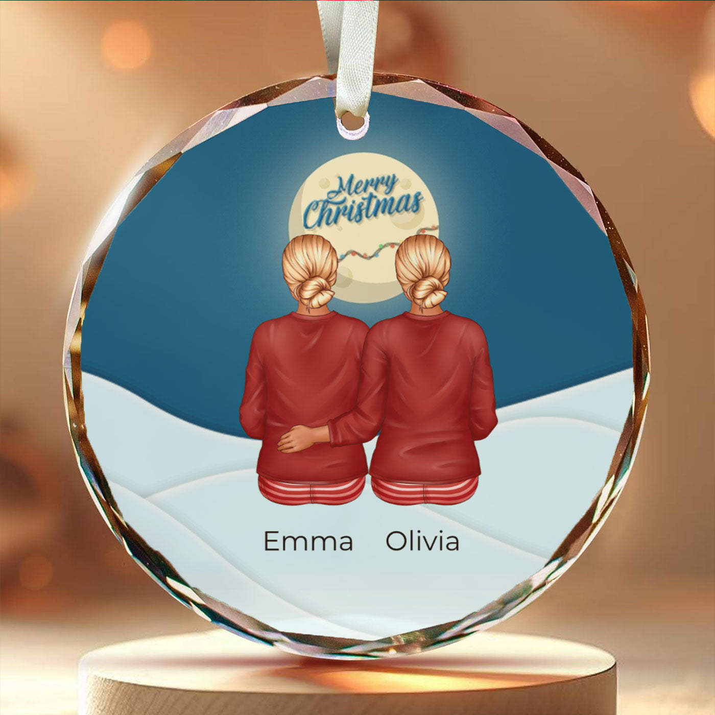 Personalized Christmas Ornament with Besties in Matching Outfits | Circle Glass Ornament