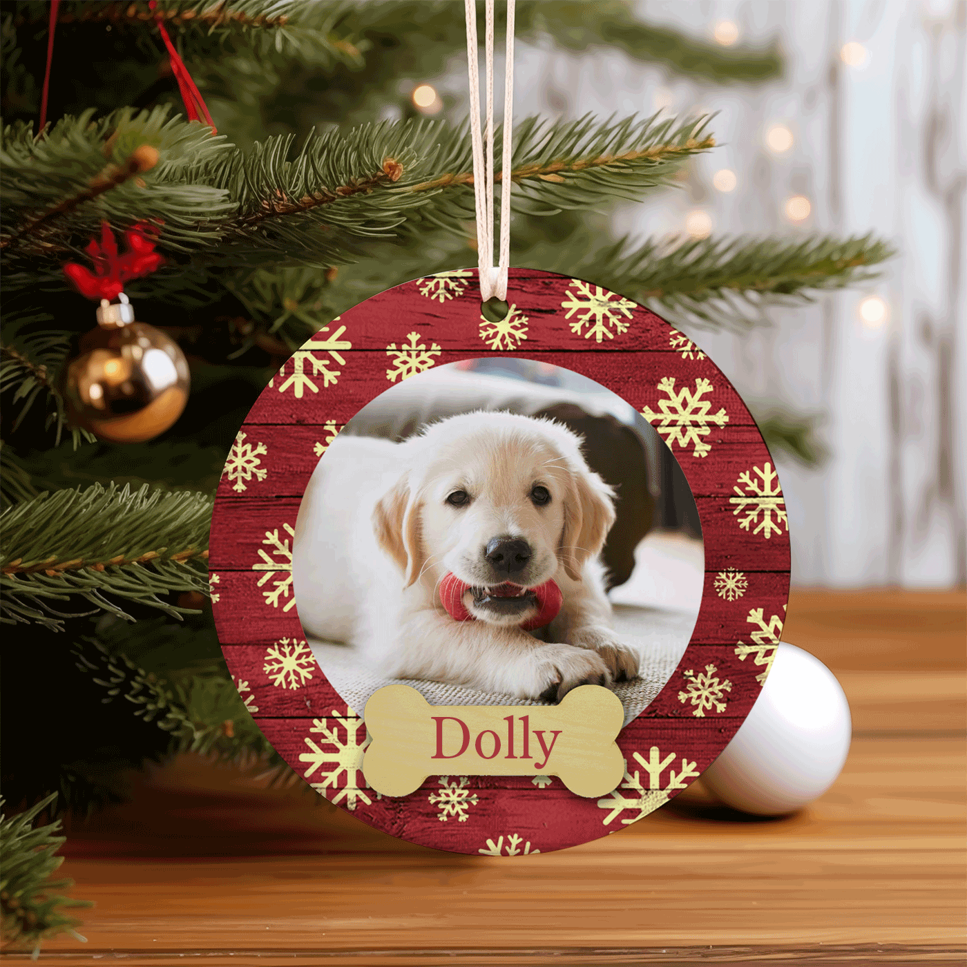 Pet Photo with Snowflakes and Bone | Christmas | Festive Holiday | Ceramic Ornament