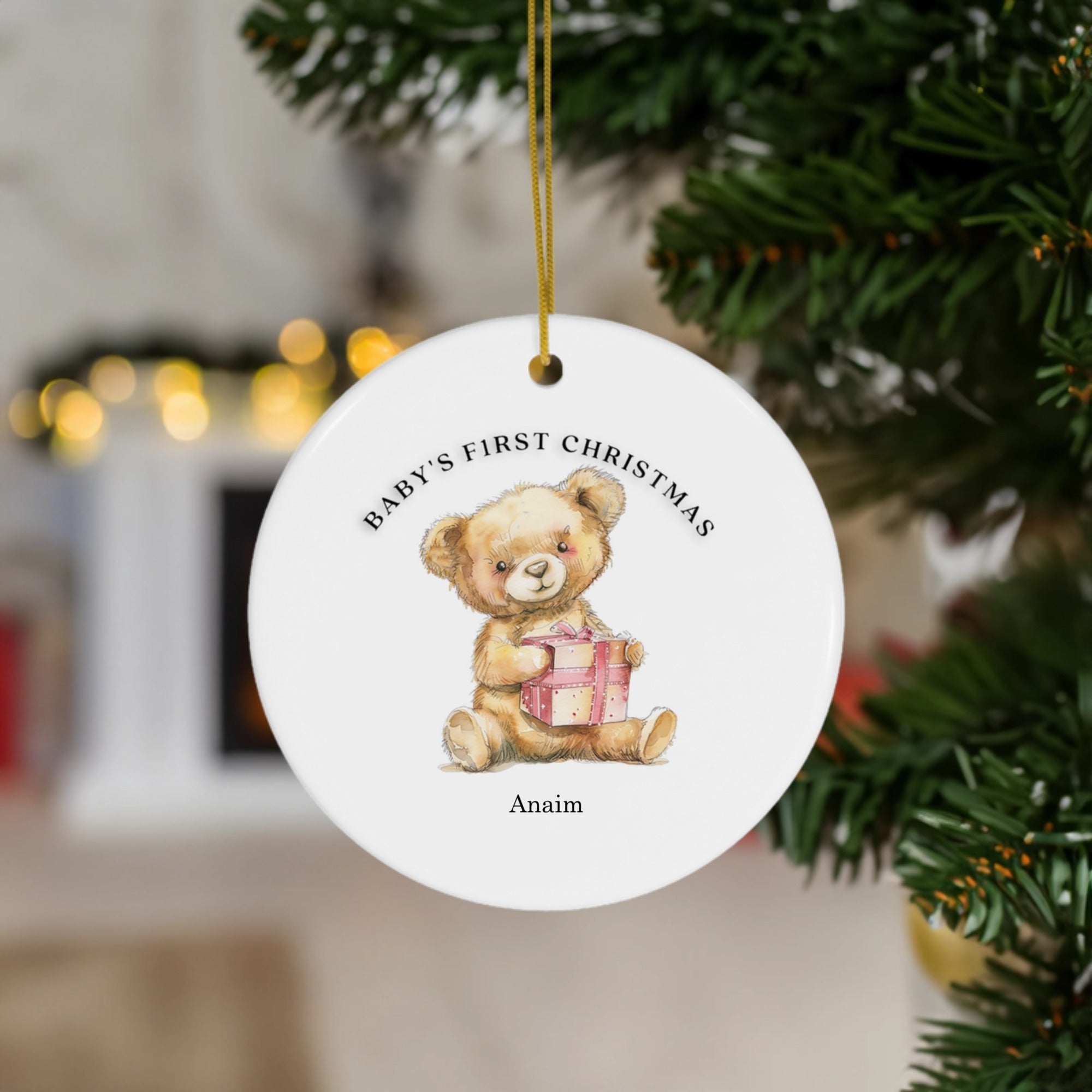 Baby's First Christmas | Cute Teddy Bear with Gift | Ceramic Ornament