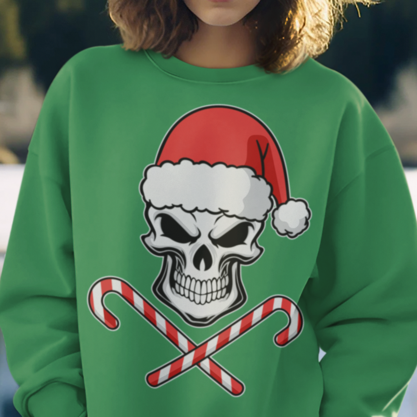 Skull with Santa Hat and Candy Canes | Edgy Christmas | Unisex Crewneck Sweatshirts
