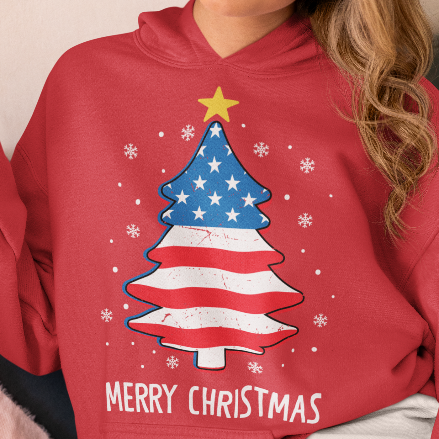 Patriotic Merry Christmas | American Flag Christmas Tree | Unisex Hoodie