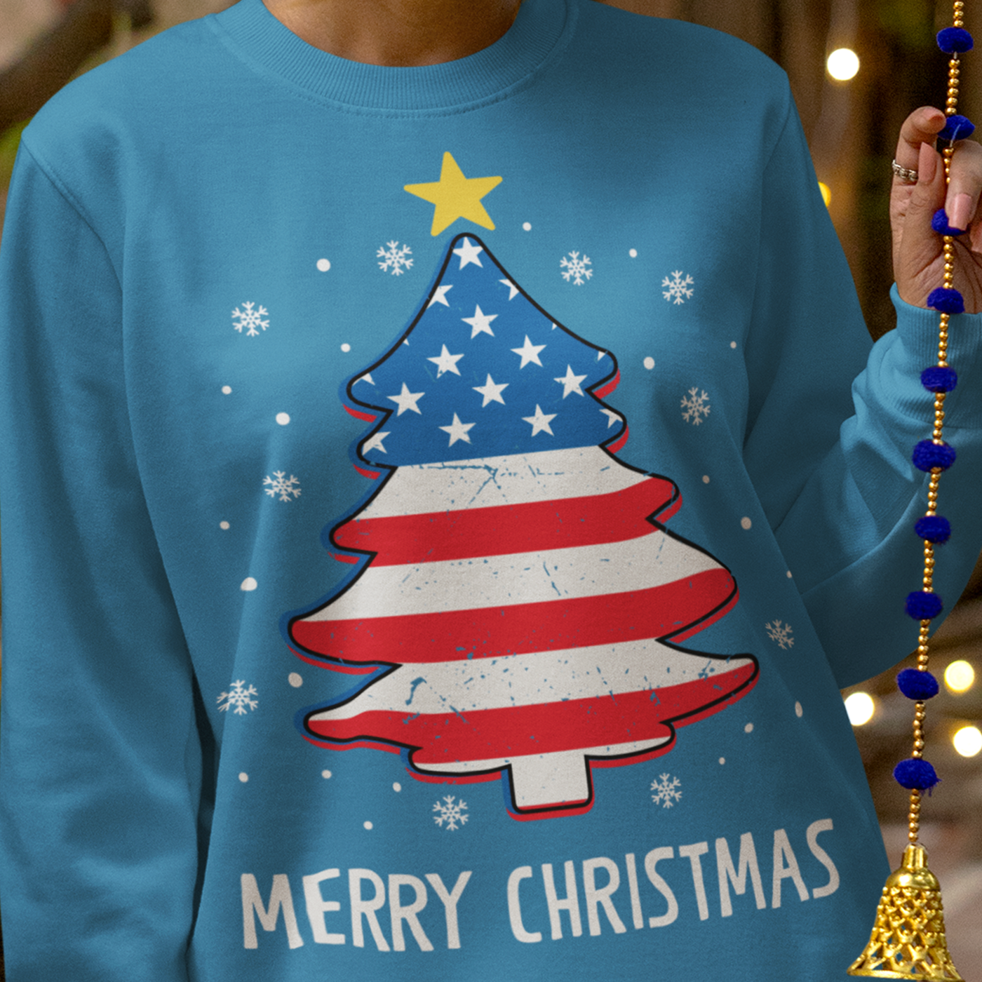 Patriotic Merry Christmas | American Flag Christmas Tree | Unisex Crewneck Sweatshirts