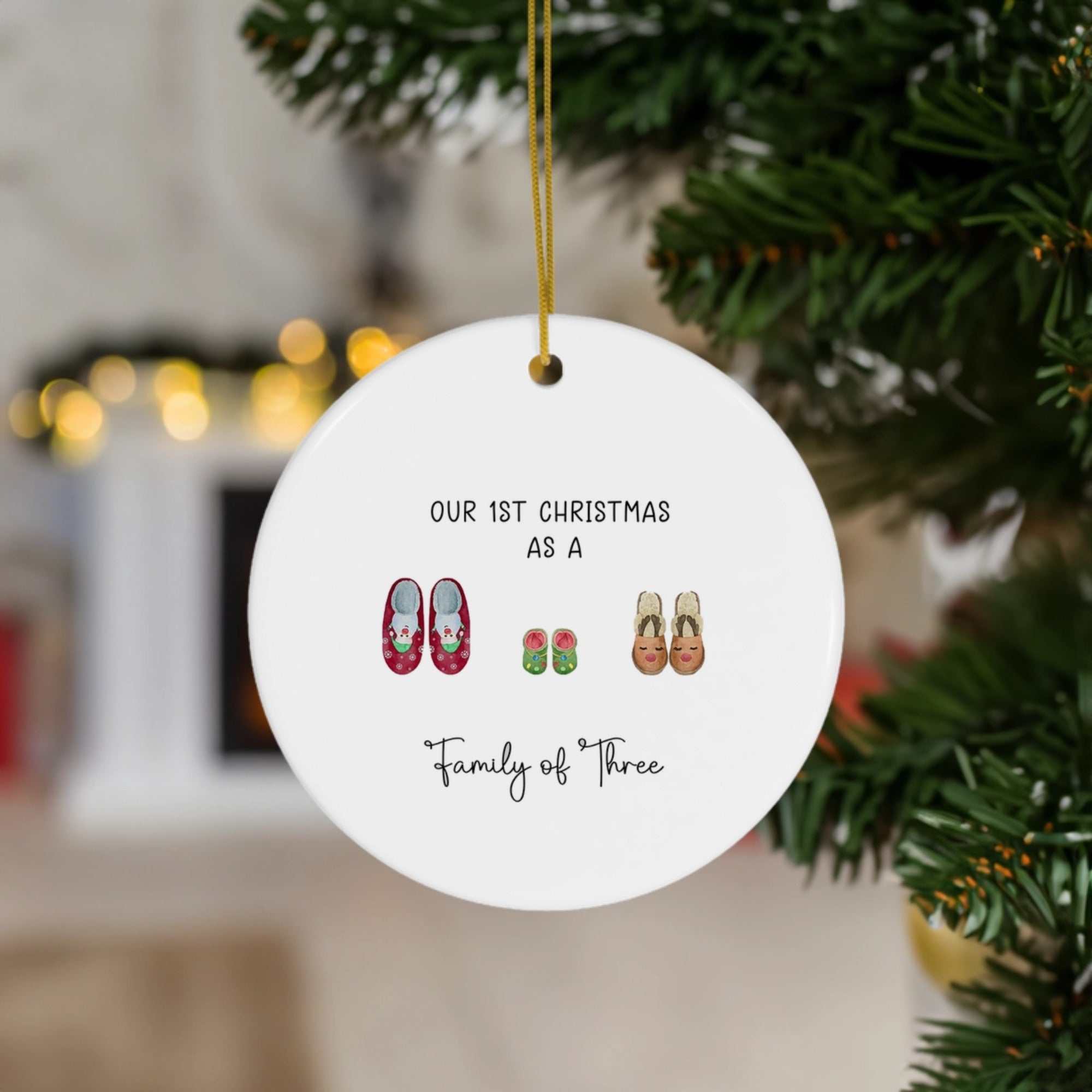 Cute Slipper Design for New Families | Our First Christmas as a Family of Three | Ceramic Ornament