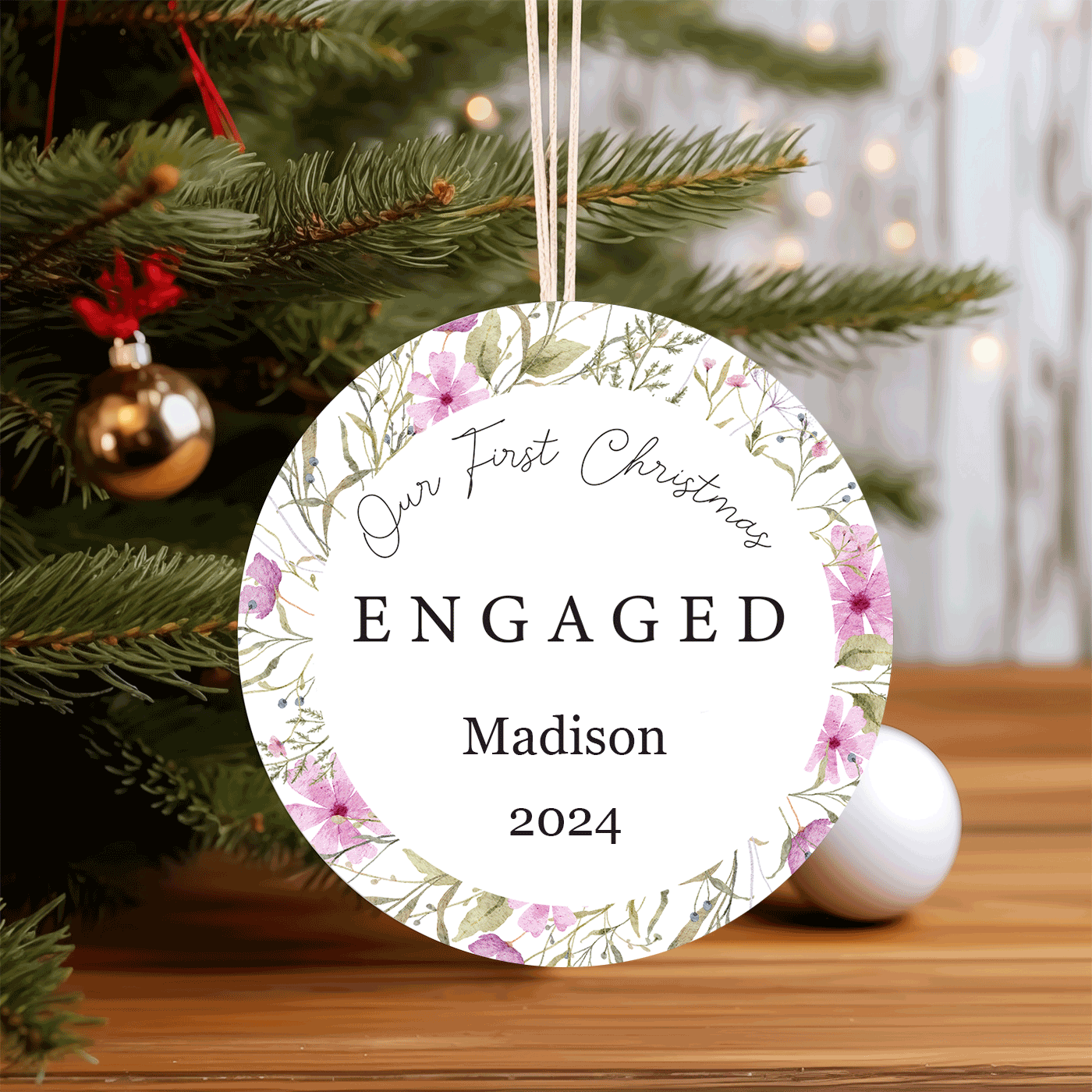 Our First Christmas Engaged | Delicate Floral | Ceramic Ornament