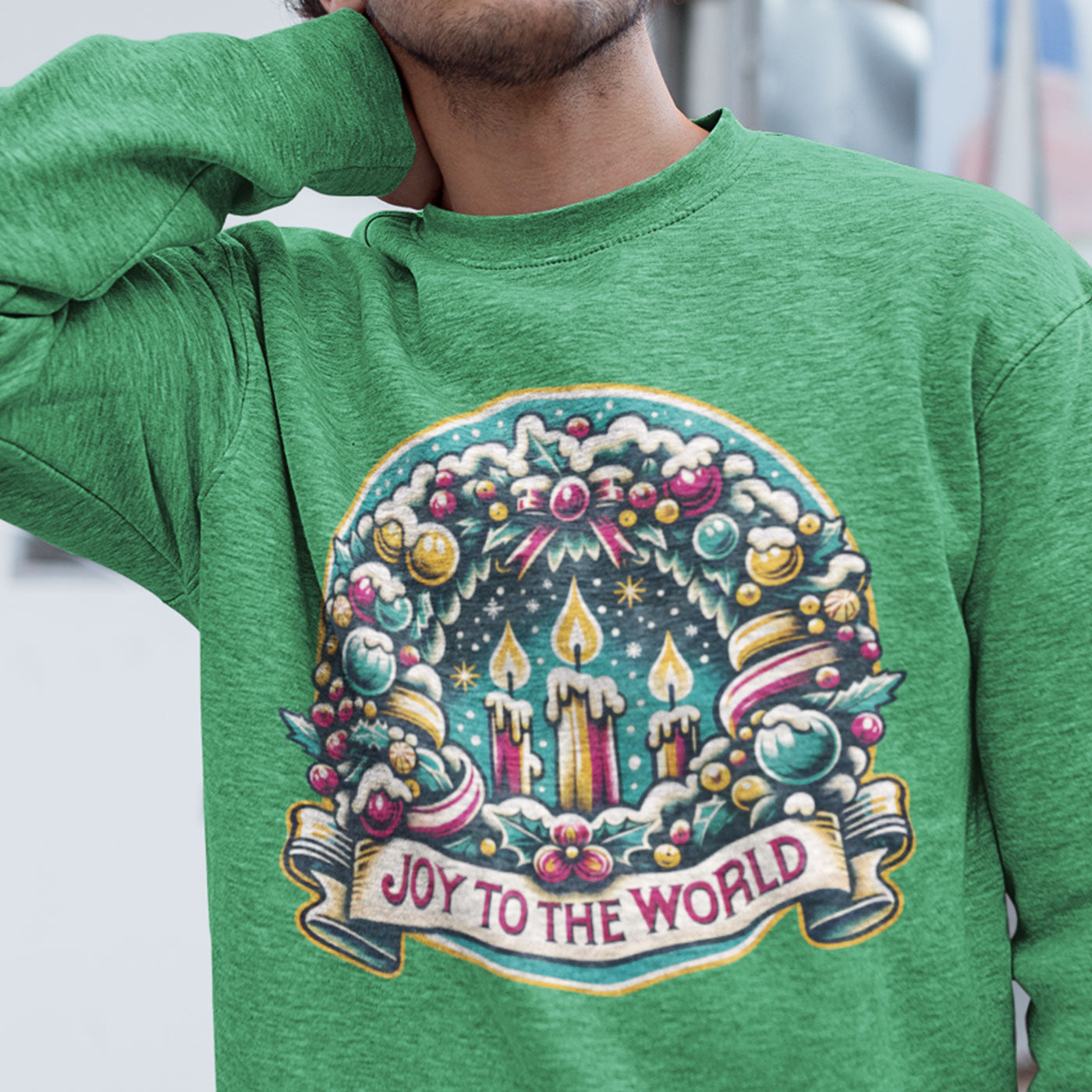Joy to the World - Festive Christmas Wreath and Candle | Unisex Crewneck Sweatshirts